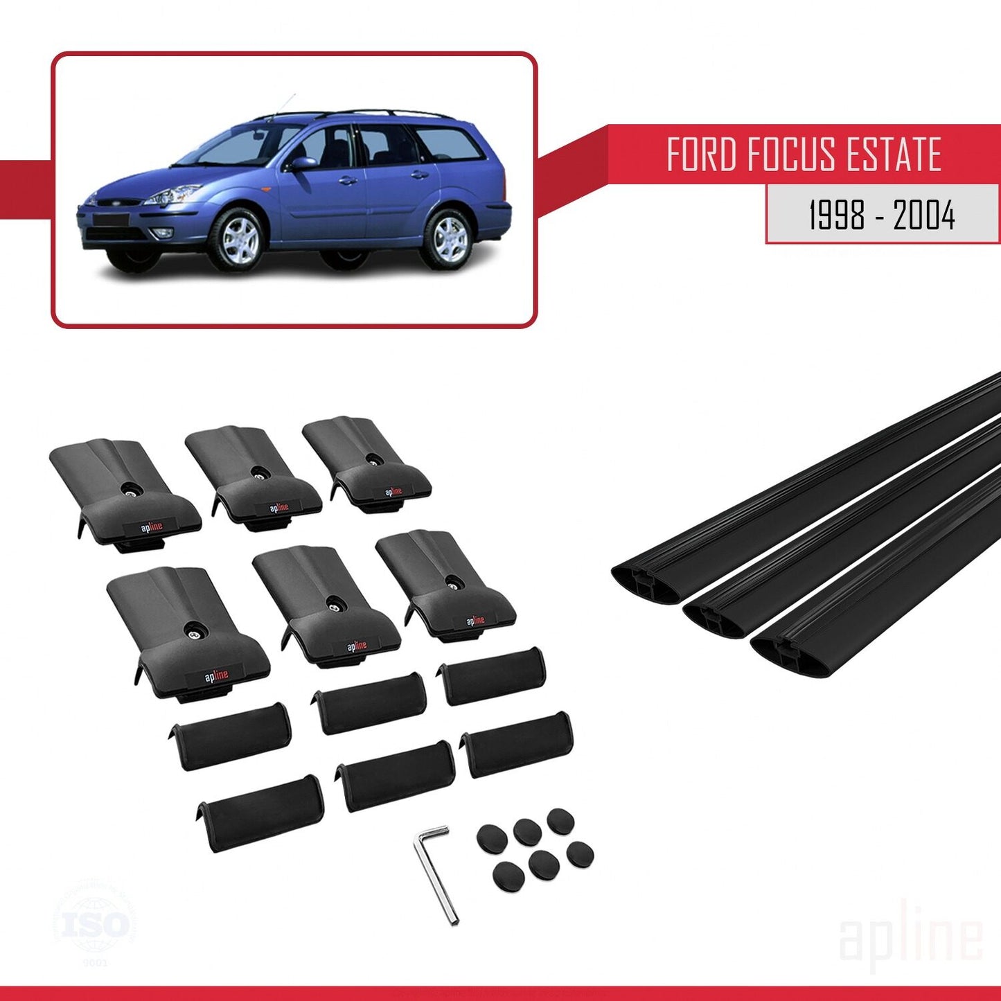 Compatible with Ford Focus (C170) SW 1998-2004 FLY Model Car Roof Rack Cross Bar Black Aluminium 3 Bars