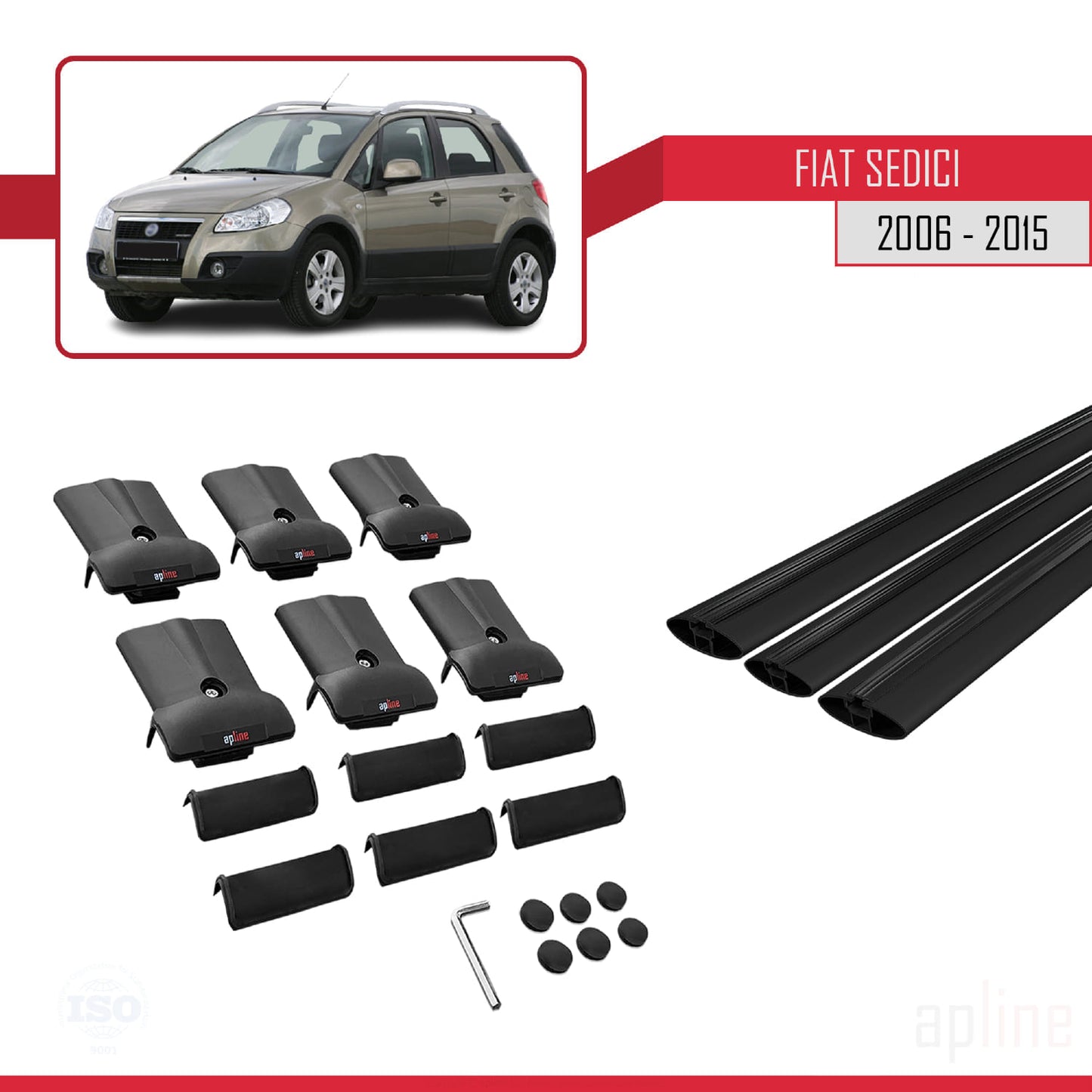 Kompatibel mit Fiat Sedici 2006-2015 FLY Modell Dachgepäckträger, schwarzes Aluminium, 3 Stangen