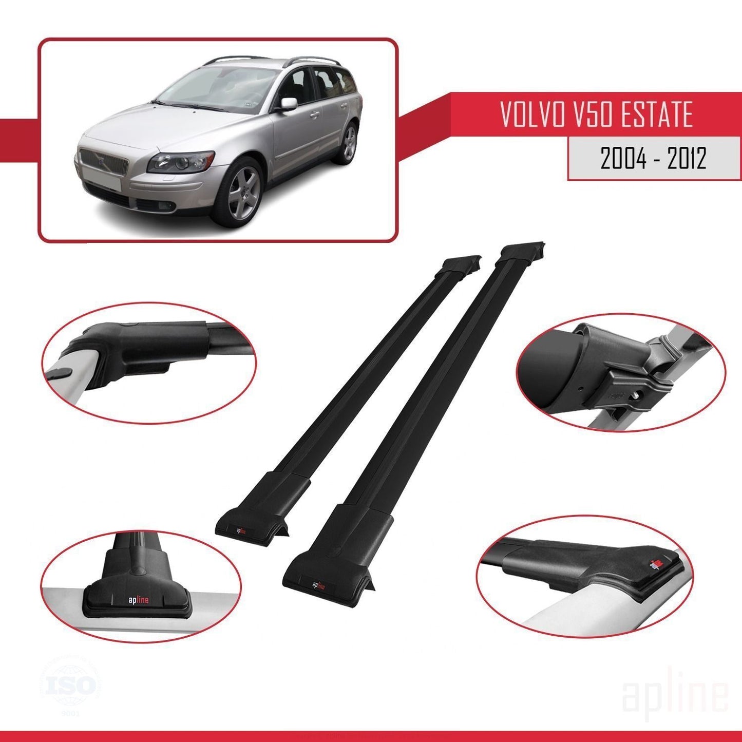 Compatible avec Volvo V50 2004-2012 FLY Model Barres de Toit Railing Porte-Bagages de Voiture Noir Aluminium 2 Barres