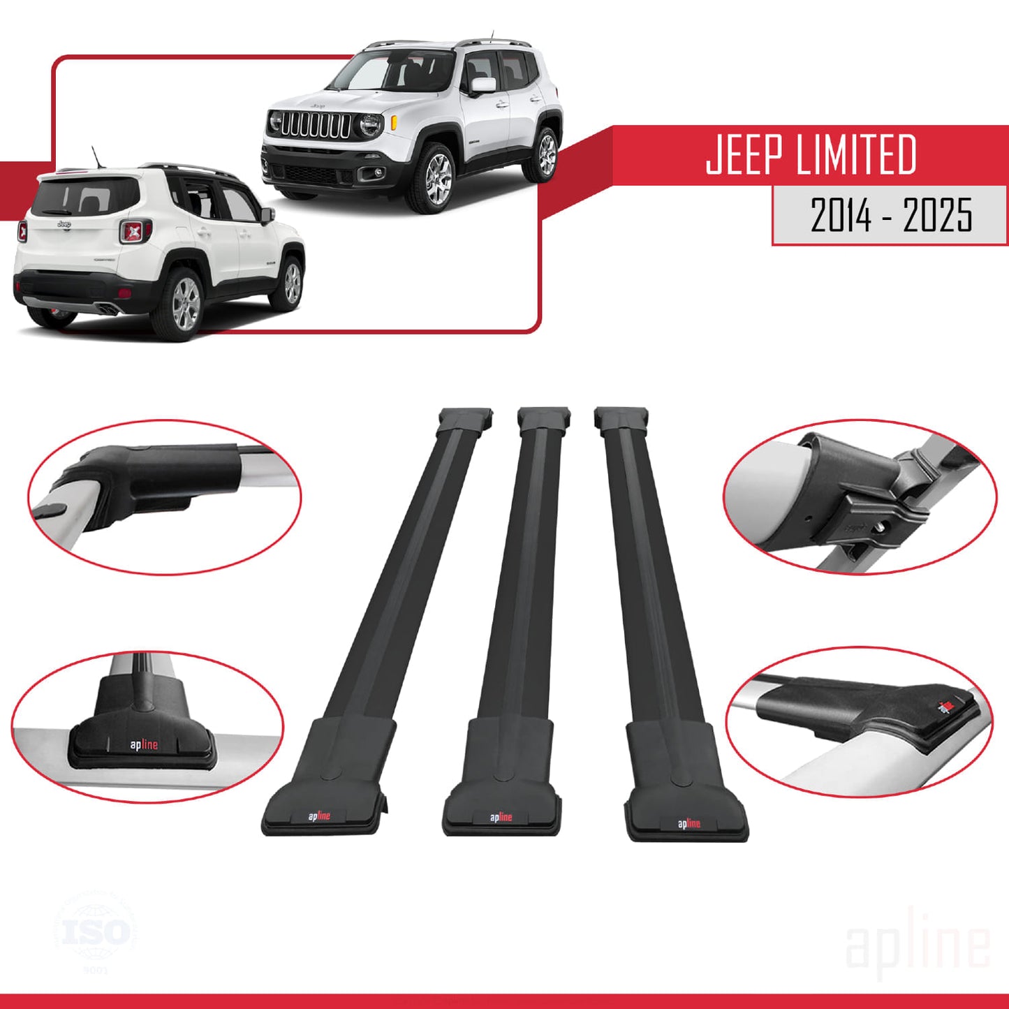 Compatible avec Jeep Limited 2014-2025 FLY Model Barres de Toit Railing Porte-Bagages de Voiture Noir Aluminium 3 Barres