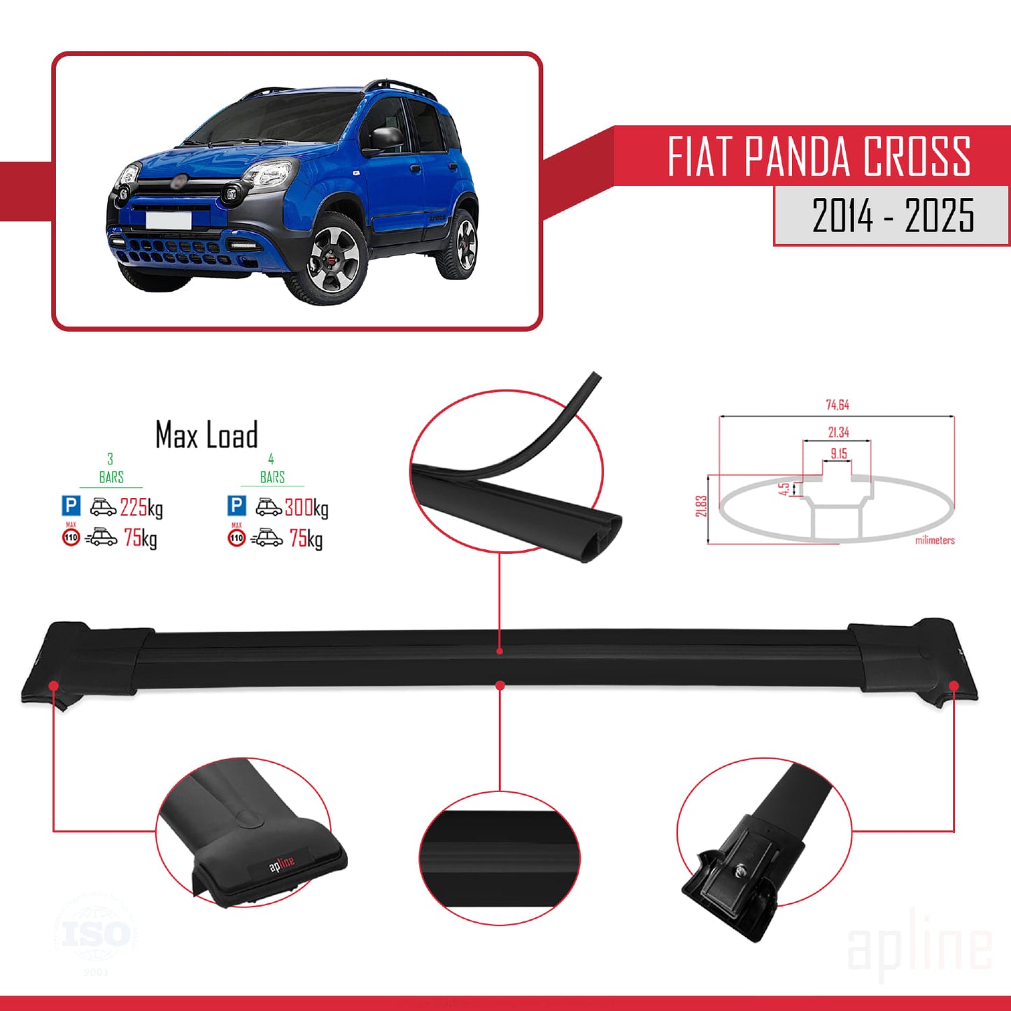 Compatible avec Fiat Panda Cross 2014-2025 FLY Model Barres de Toit Railing Porte-Bagages de Voiture Noir Aluminium 3 Barres
