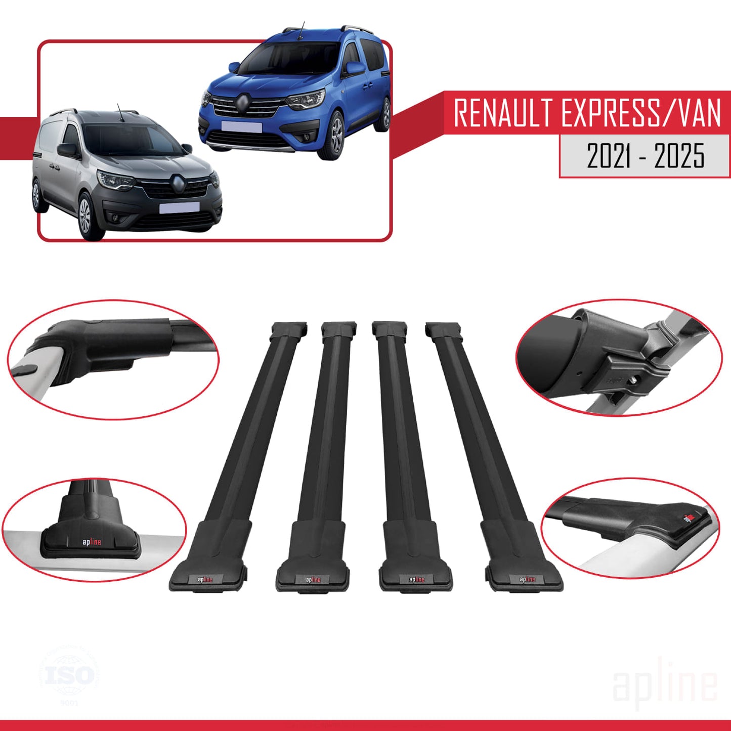 Compatible with Renault Express 2021-2025 FLY Model Car Roof Rack Cross Bar Black Aluminium 4 Bars