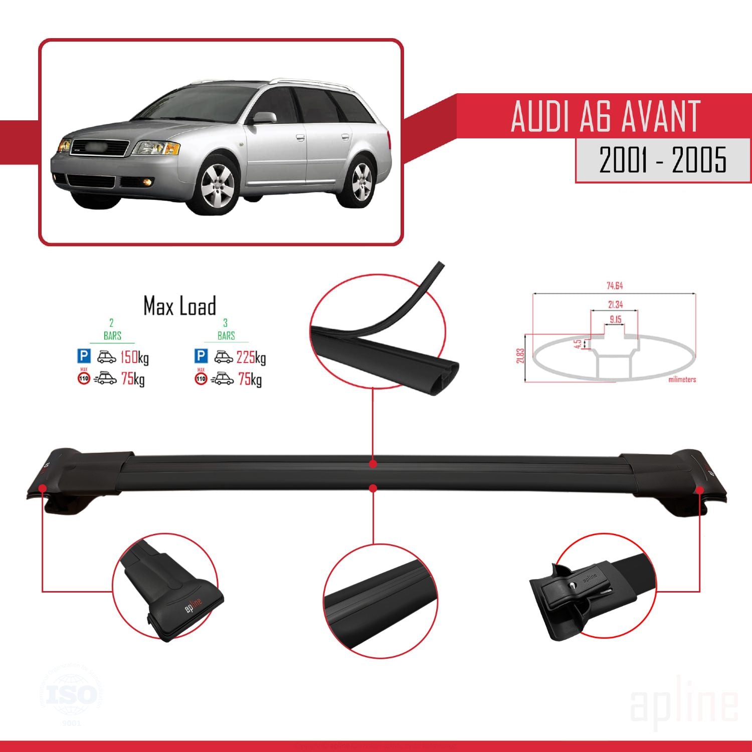 Compatible avec Audi A6 Avant 2001-2005 FLY Model Barres de Toit Railing Porte-Bagages de Voiture Noir Aluminium 2 Barres