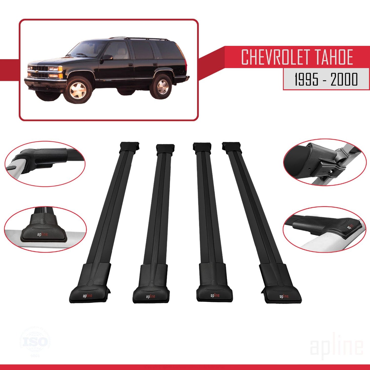 Compatible avec Chevrolet Tahoe 1995-2000 FLY Model Barres de Toit Railing Porte-Bagages de Voiture Noir Aluminium 4 Barres