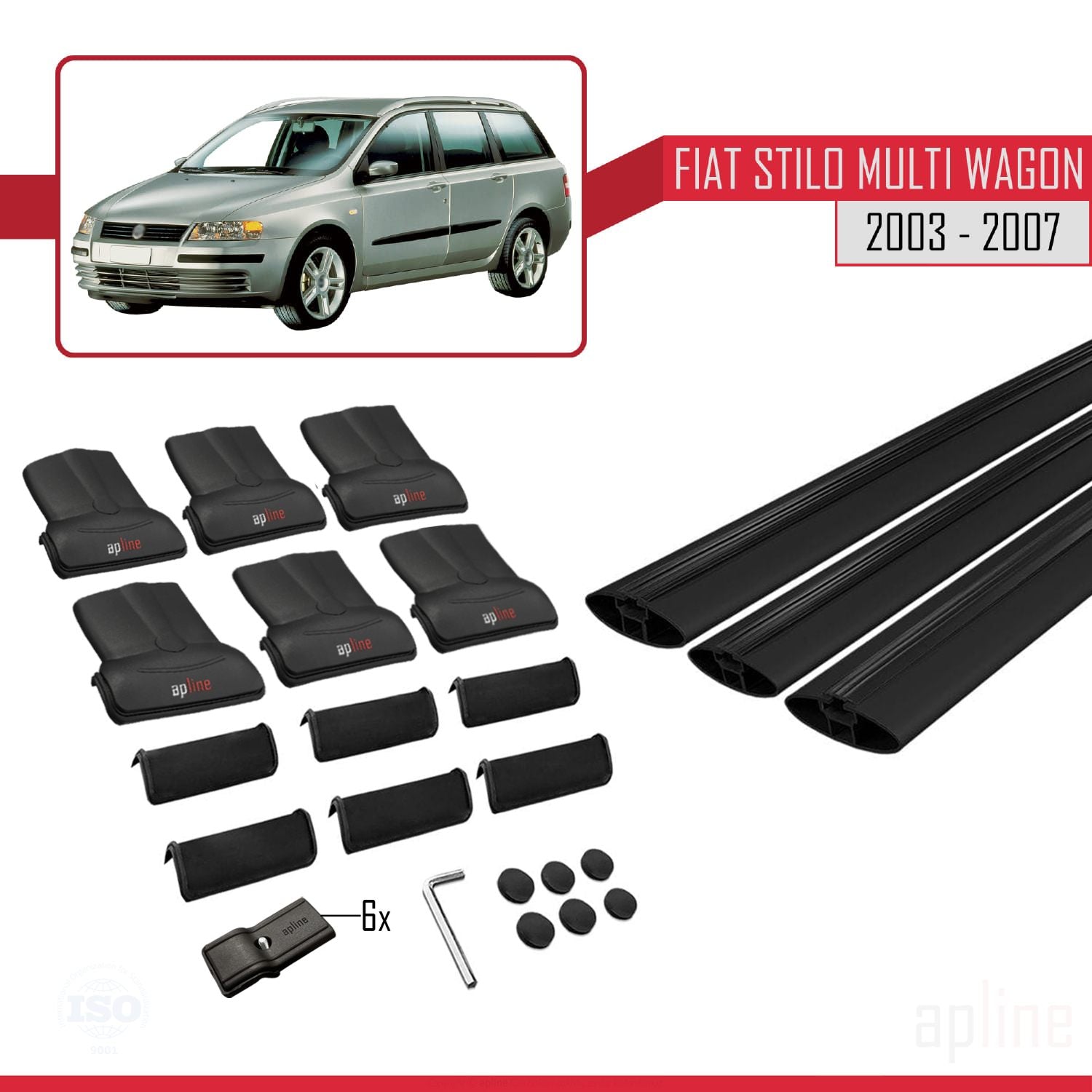 Compatible avec Fiat Stilo Multi Wagon 2003-2007 FLY Model Barres de Toit Railing Porte-Bagages de Voiture Noir Aluminium 3 Barres