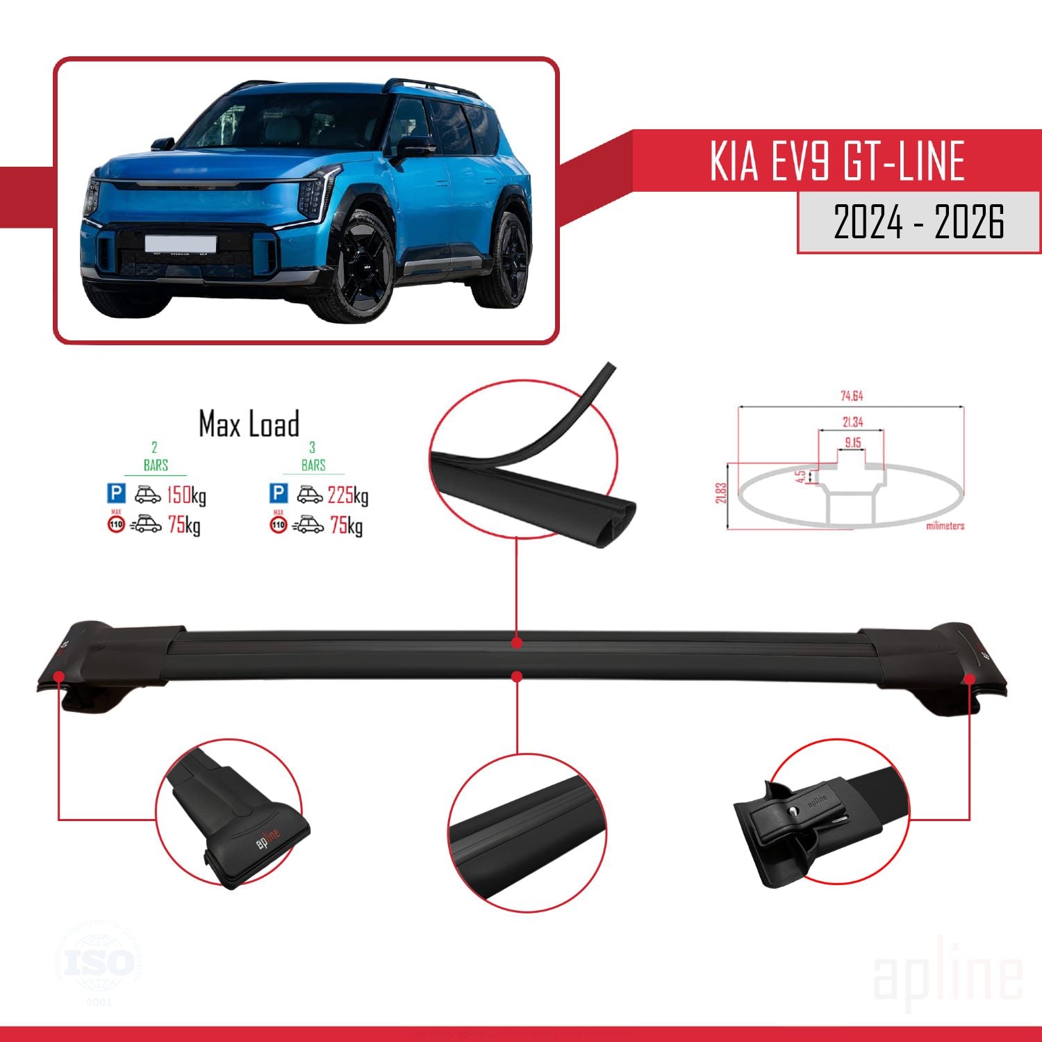 Compatible avec KIA EV9 GT-LINE 2024-2025 FLY Model Barres de Toit Railing Porte-Bagages de Voiture Noir Aluminium 3 Barres