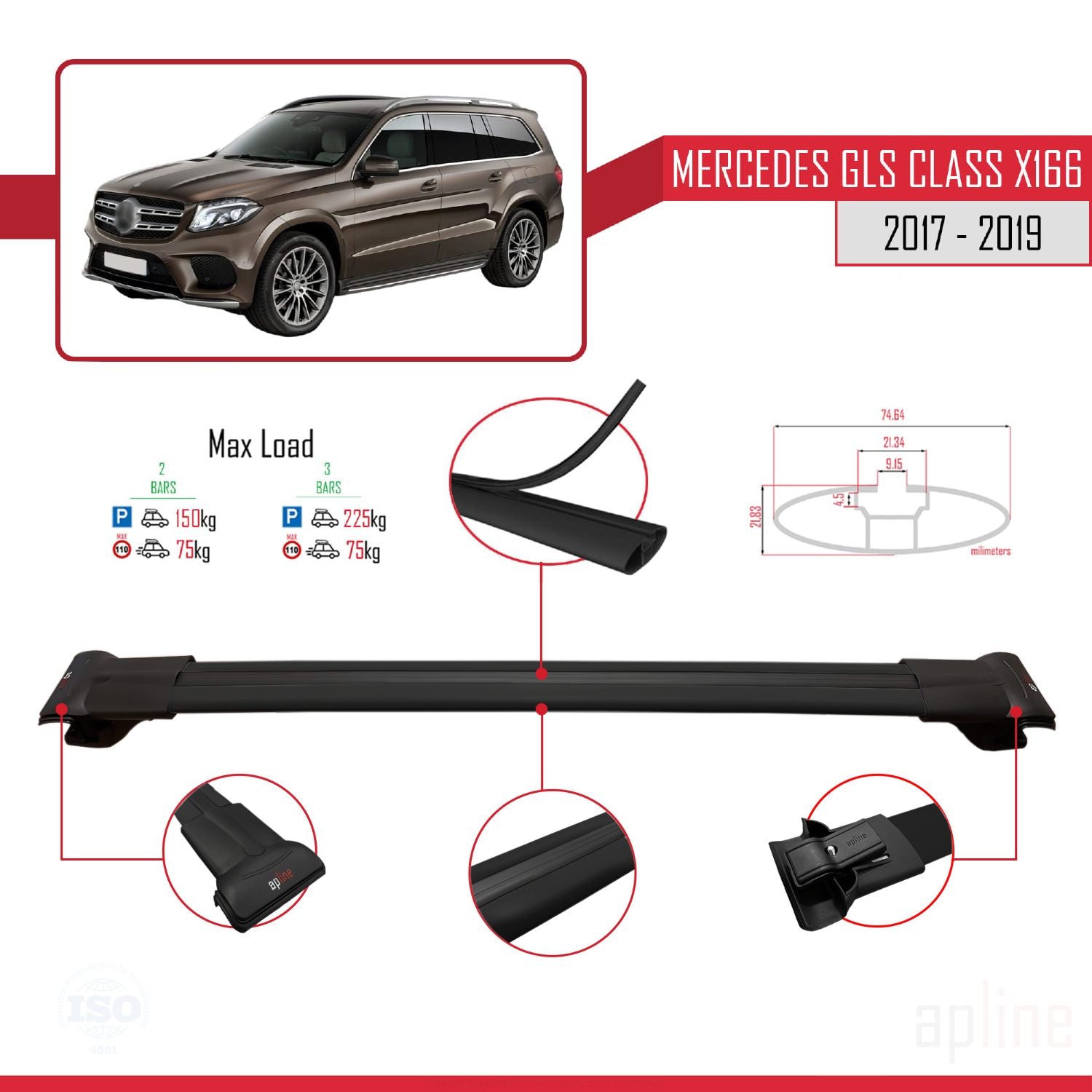 Compatible avec Mercedes GLS Class X166 2017-2019 FLY Model Barres de Toit Railing Porte-Bagages de Voiture Noir Aluminium 3 Barres