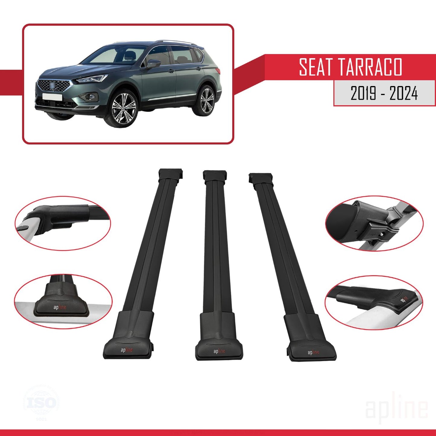 Compatible avec Seat Tarraco 2019-2024 FLY Model Barres de Toit Railing Porte-Bagages de Voiture Noir Aluminium 3 Barres