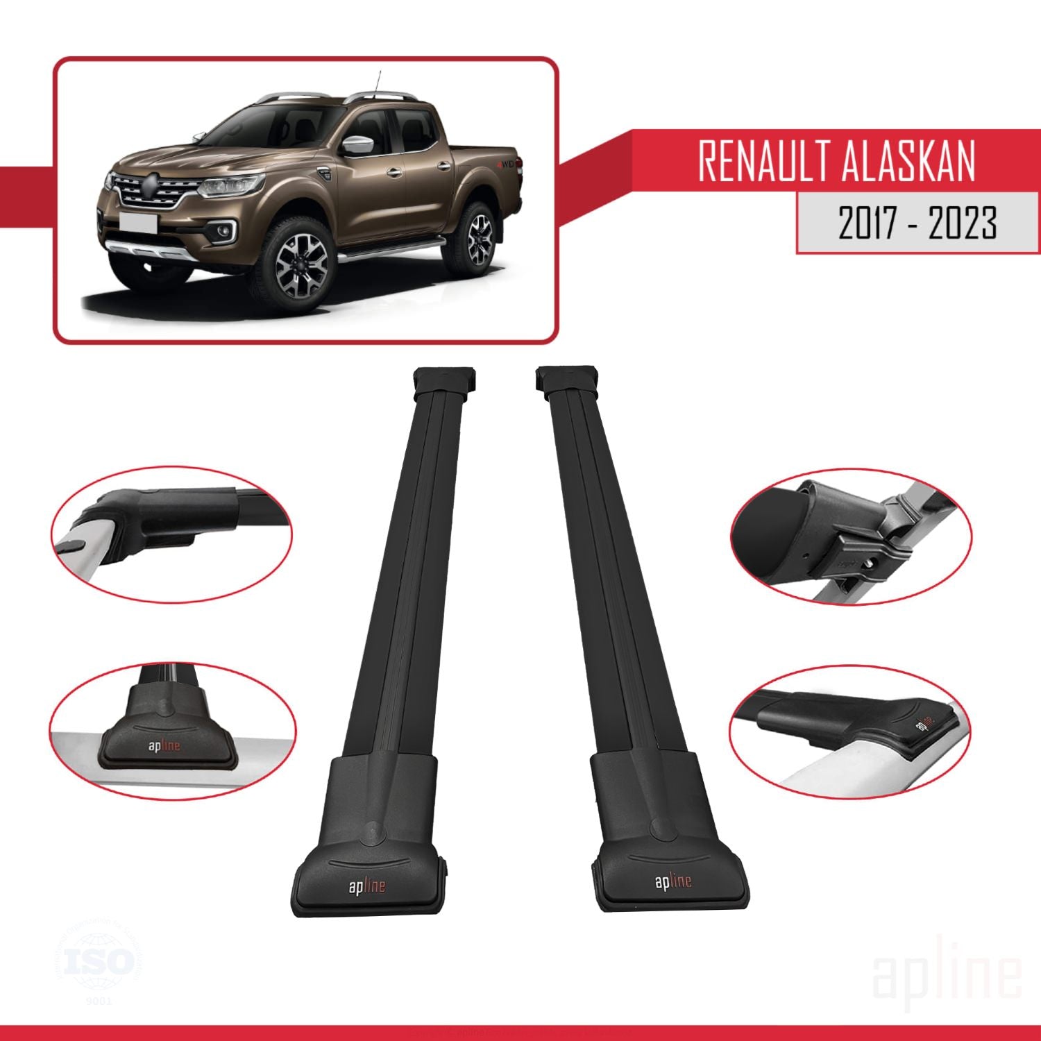 Compatible avec Renault Alaskan 2017-2023 FLY Model Barres de Toit Railing Porte-Bagages de Voiture Noir Aluminium 2 Barres