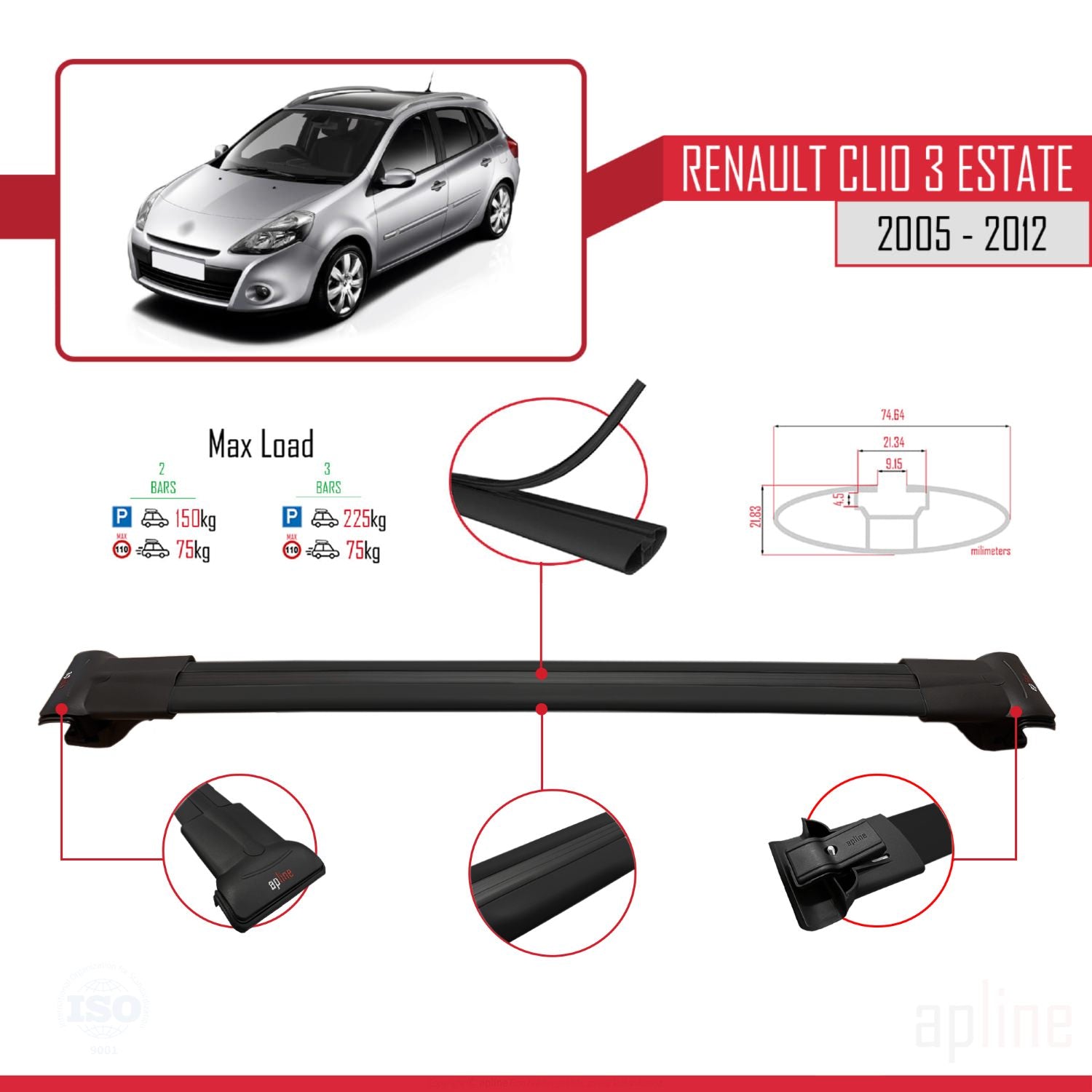 Compatible avec Renault Clio 3 Estate 2005-2012 FLY Model Barres de Toit Railing Porte-Bagages de Voiture Noir Aluminium 2 Barres