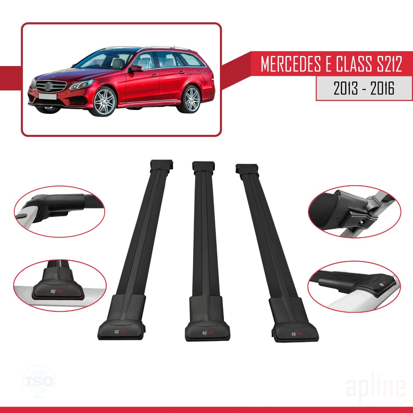 Compatible avec Mercedes E Class S212 2013-2016 FLY Model Barres de Toit Railing Porte-Bagages de Voiture Noir Aluminium 3 Barres