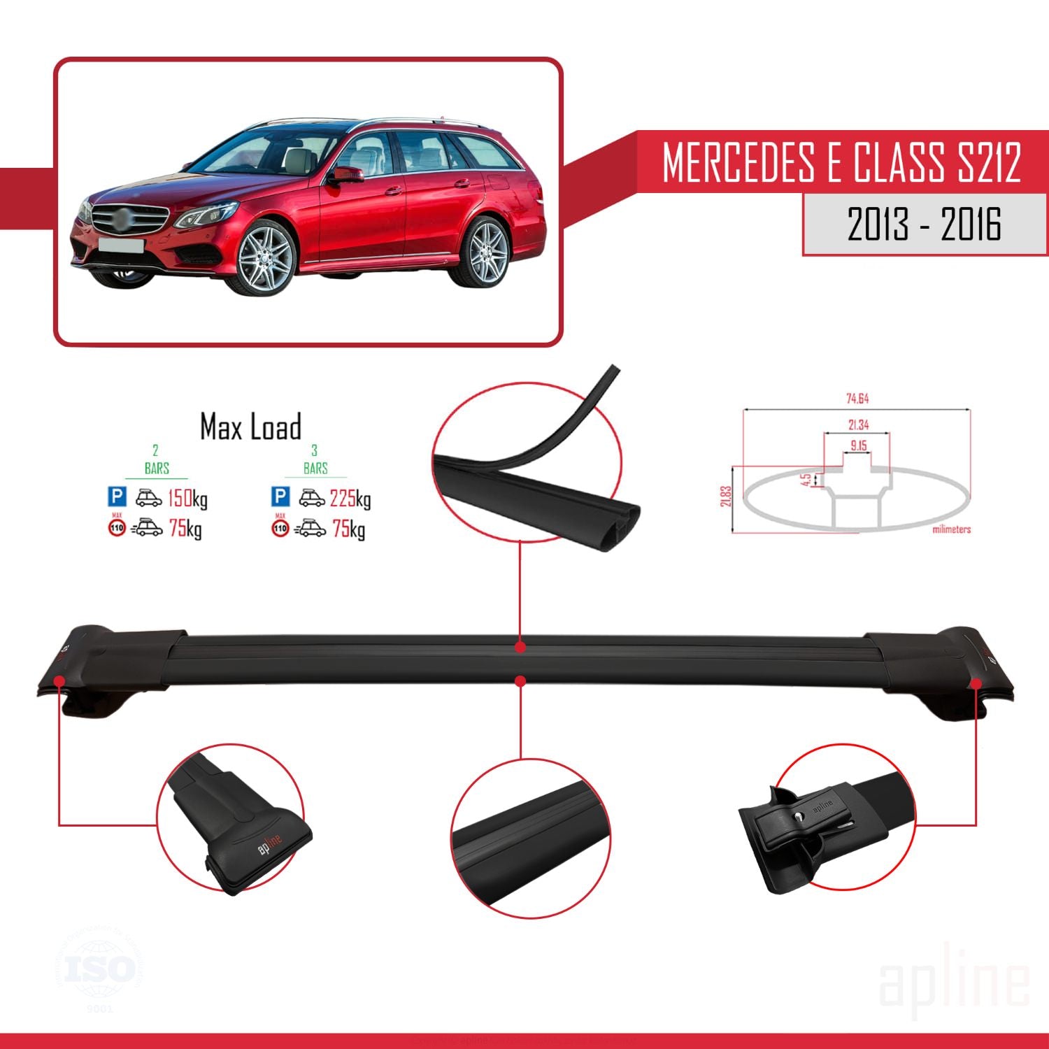 Compatible avec Mercedes E Class S212 2013-2016 FLY Model Barres de Toit Railing Porte-Bagages de Voiture Noir Aluminium 3 Barres