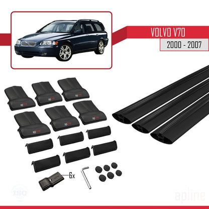 Compatible avec Volvo V70 2000-2007 FLY Model Barres de Toit Railing Porte-Bagages de Voiture Noir Aluminium 3 Barres