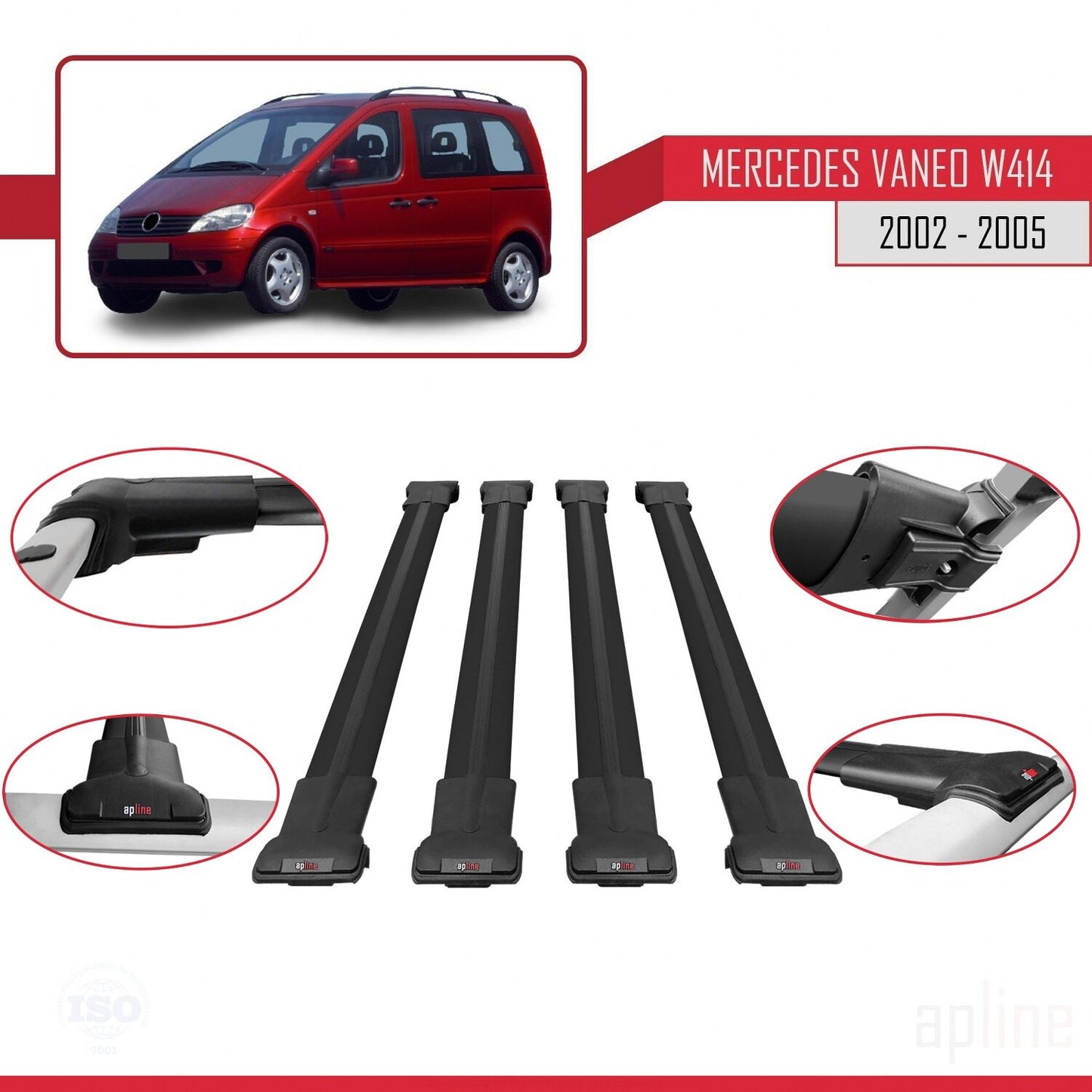 Compatible with Mercedes Vaneo (W414) 2002-2005 FLY Model Car Roof Rack Cross Bar Black Aluminium 4 Bars
