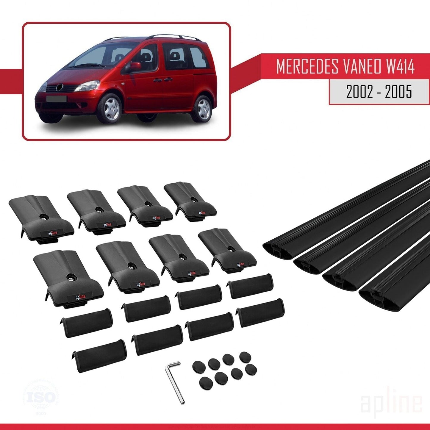 Compatible with Mercedes Vaneo (W414) 2002-2005 FLY Model Car Roof Rack Cross Bar Black Aluminium 4 Bars