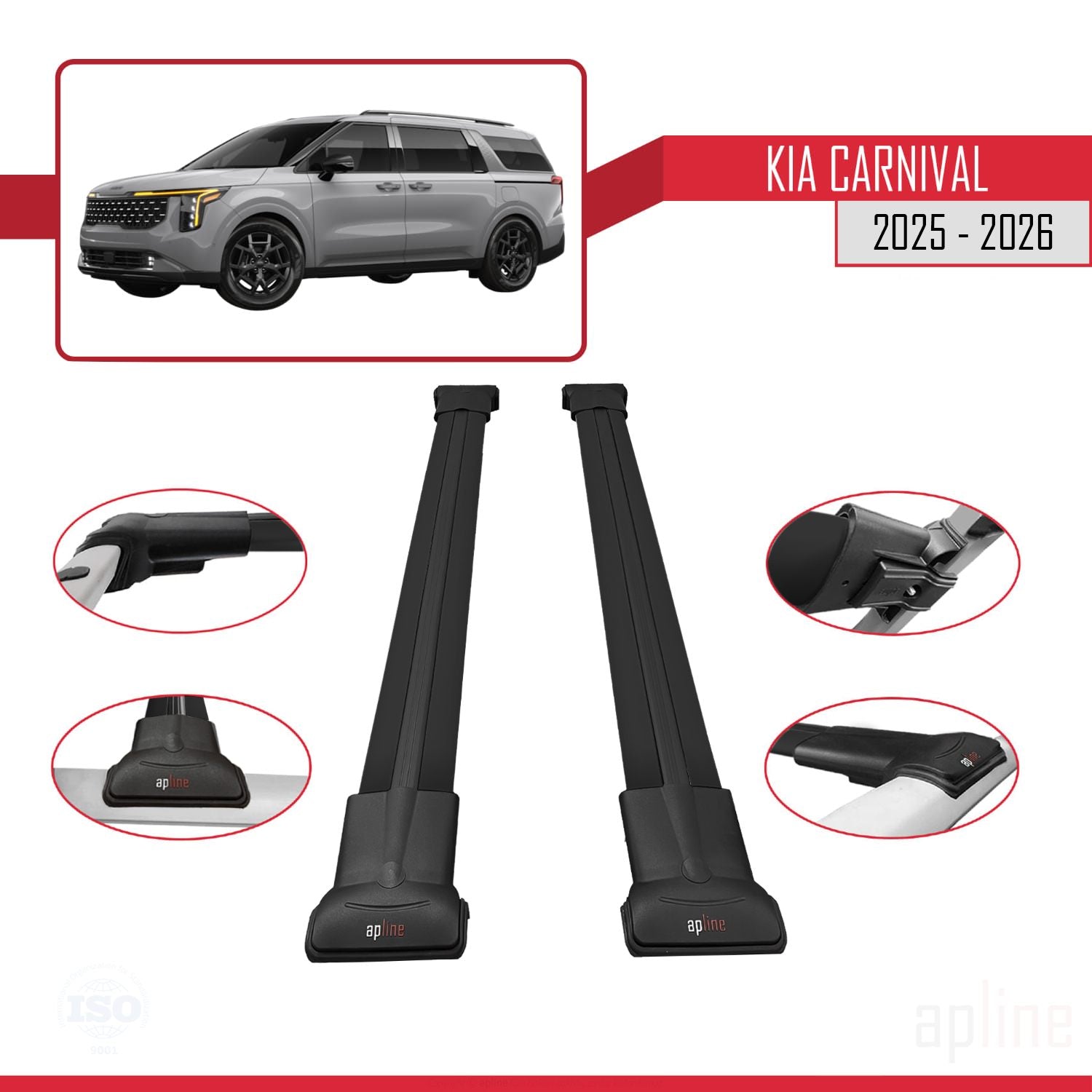 Compatible avec Kia Carnival 2025 FLY Model Barres de Toit Railing Porte-Bagages de Voiture Noir Aluminium 2 Barres