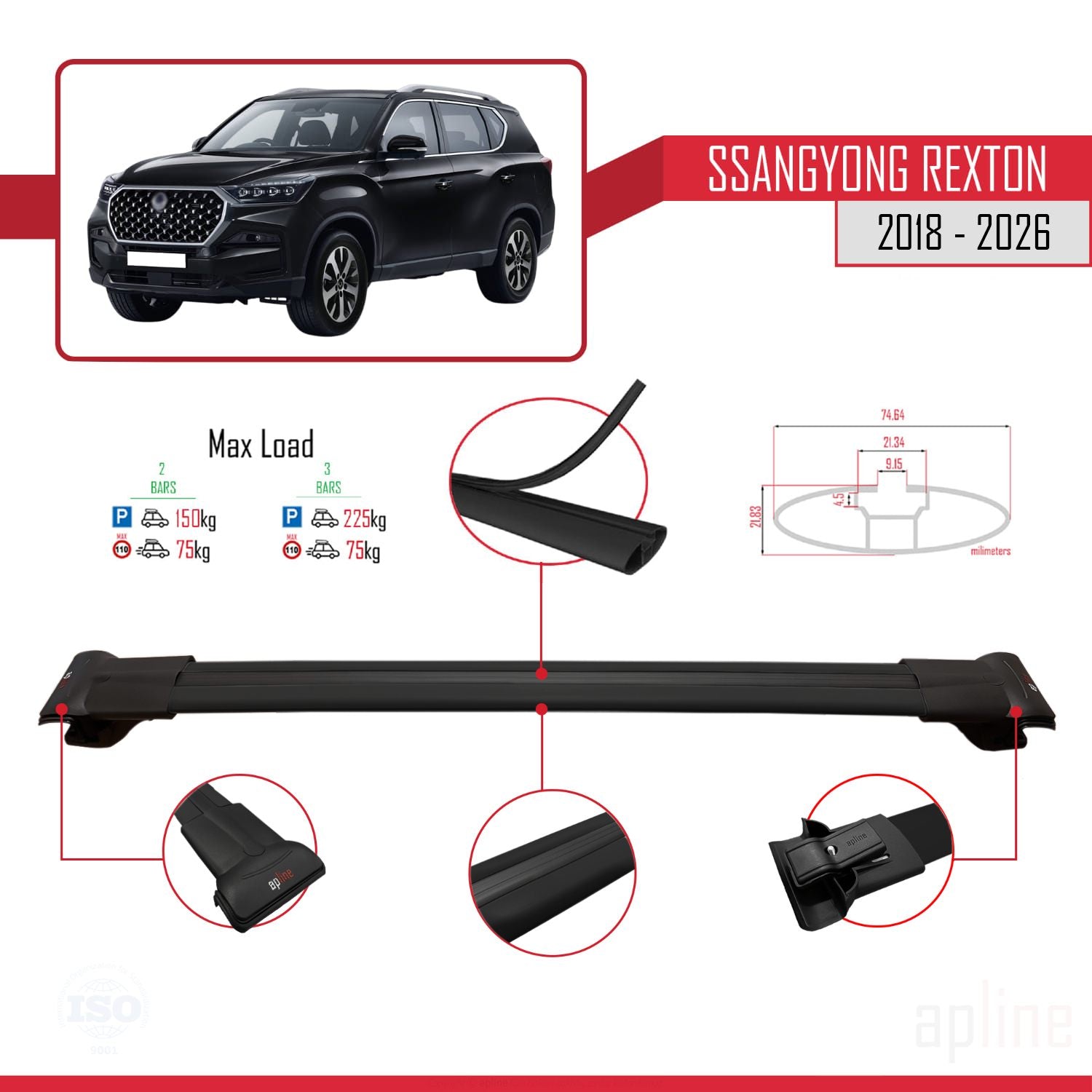 Compatible avec SsangYong Rexton 2018-2025 FLY Model Barres de Toit Railing Porte-Bagages de Voiture Noir Aluminium 2 Barres