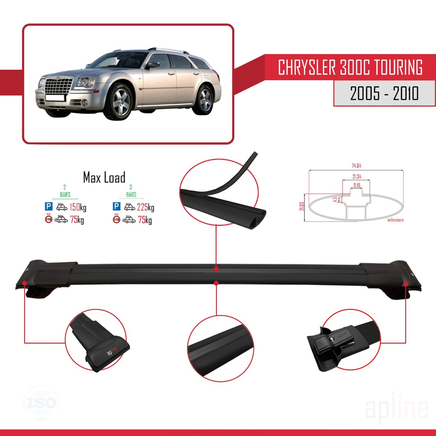 Compatible avec Chrysler 300C Touring 2005-2010 FLY Model Barres de Toit Railing Porte-Bagages de Voiture Noir Aluminium 3 Barres