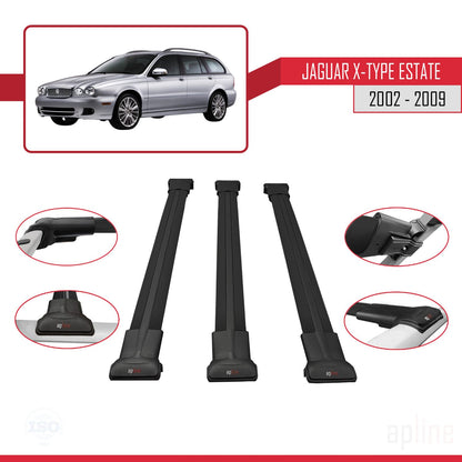 Compatible avec Jaguar X-Type Estate 2002-2009 FLY Model Barres de Toit Railing Porte-Bagages de Voiture Noir Aluminium 3 Barres
