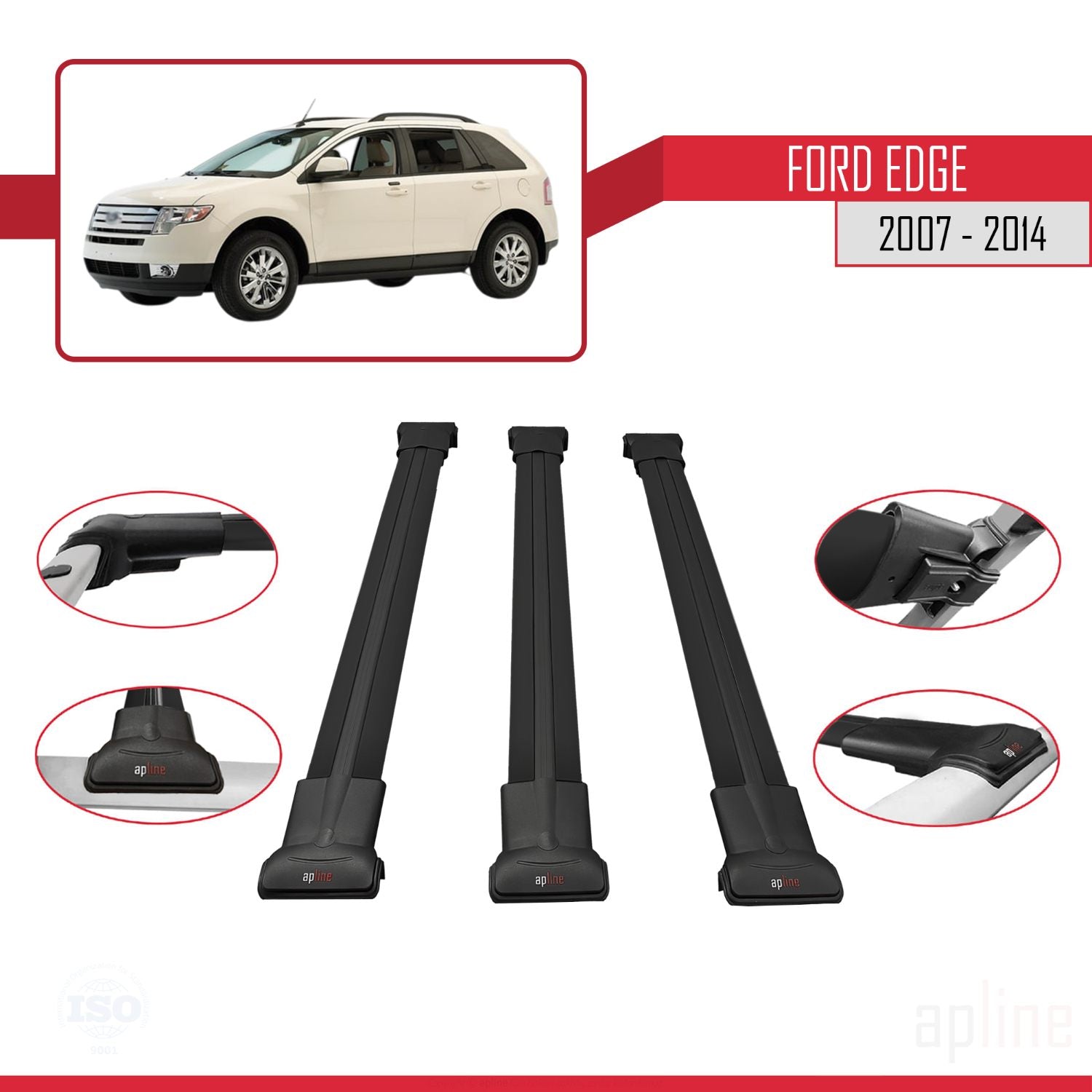 Compatible avec Ford Edge 2007-2014 FLY Model Barres de Toit Railing Porte-Bagages de Voiture Noir Aluminium 3 Barres