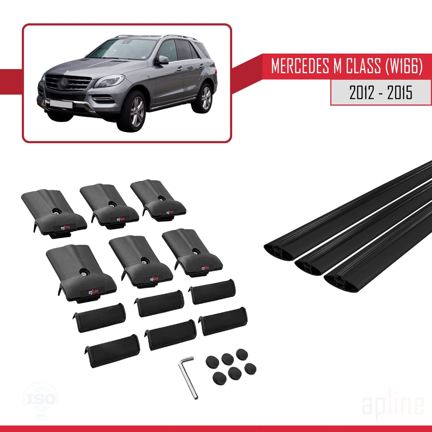 Compatible with Mercedes M Class 3 (W166) Pre-Facelift 2012-2015 FLY Model Car Roof Rack Cross Bar Black Aluminium 3 Bars