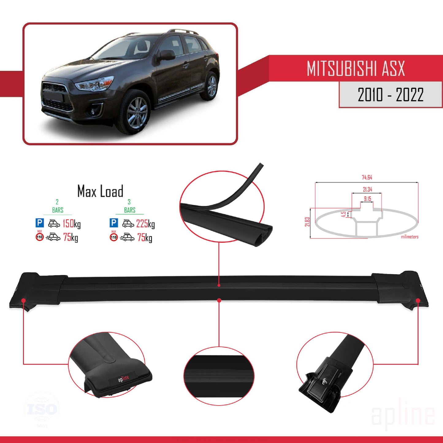 Compatible with Mitsubishi ASX (GA) 2010-2022 FLY Model Car Roof Rack Cross Bar Black Aluminium 2 Bars