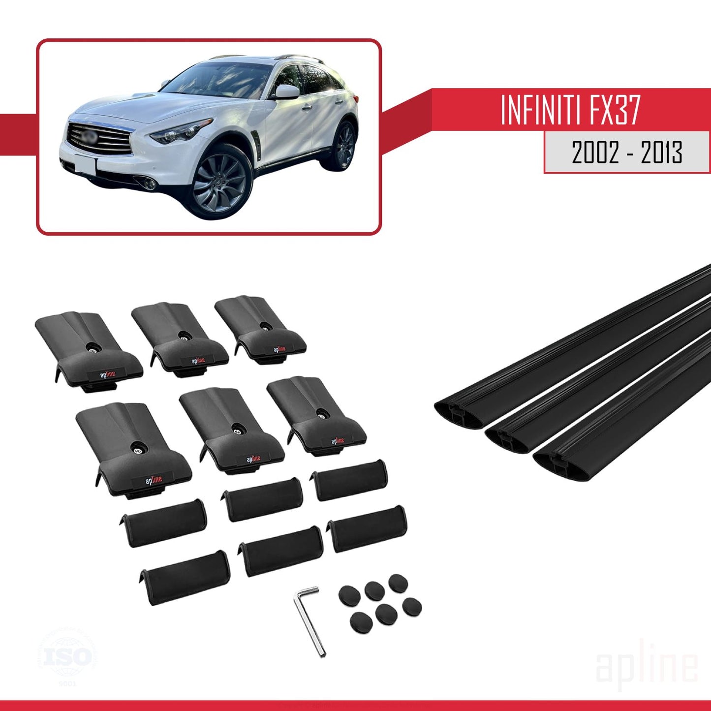 Compatible avec Infiniti FX37 2002-2013 FLY Model Barres de Toit Railing Porte-Bagages de Voiture Noir Aluminium 3 Barres