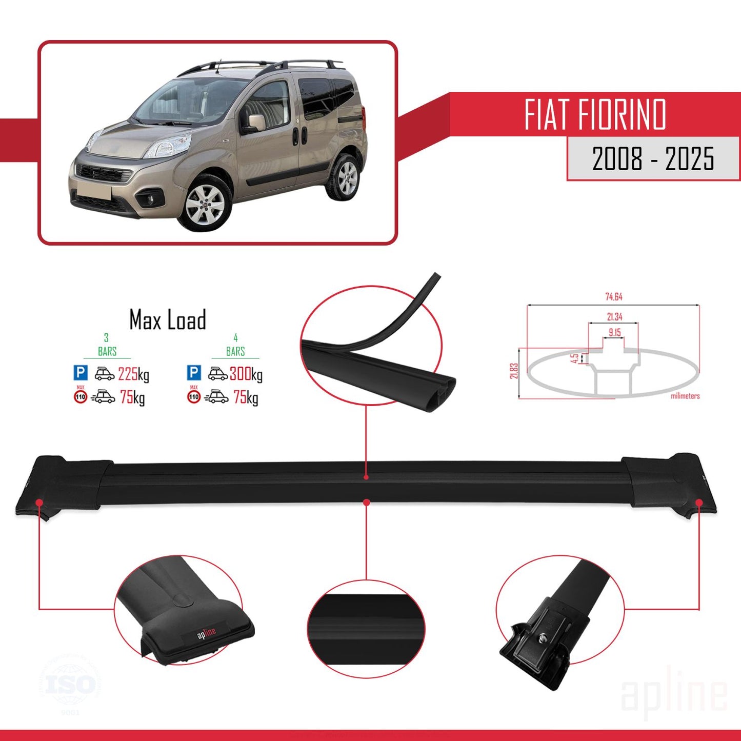 Compatible with Fiat Fiorino (Tube-Type Model) 2008-2025 FLY Model Car Roof Rack Cross Bar Black Aluminium 4 Bars