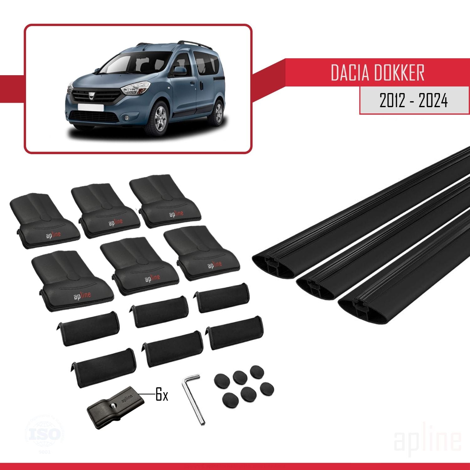 Compatible avec Dacia Dokker (K67) 2012-2024 V2 FLY Model Barres de Toit Railing Porte-Bagages de Voiture Noir Aluminium 3 Barres