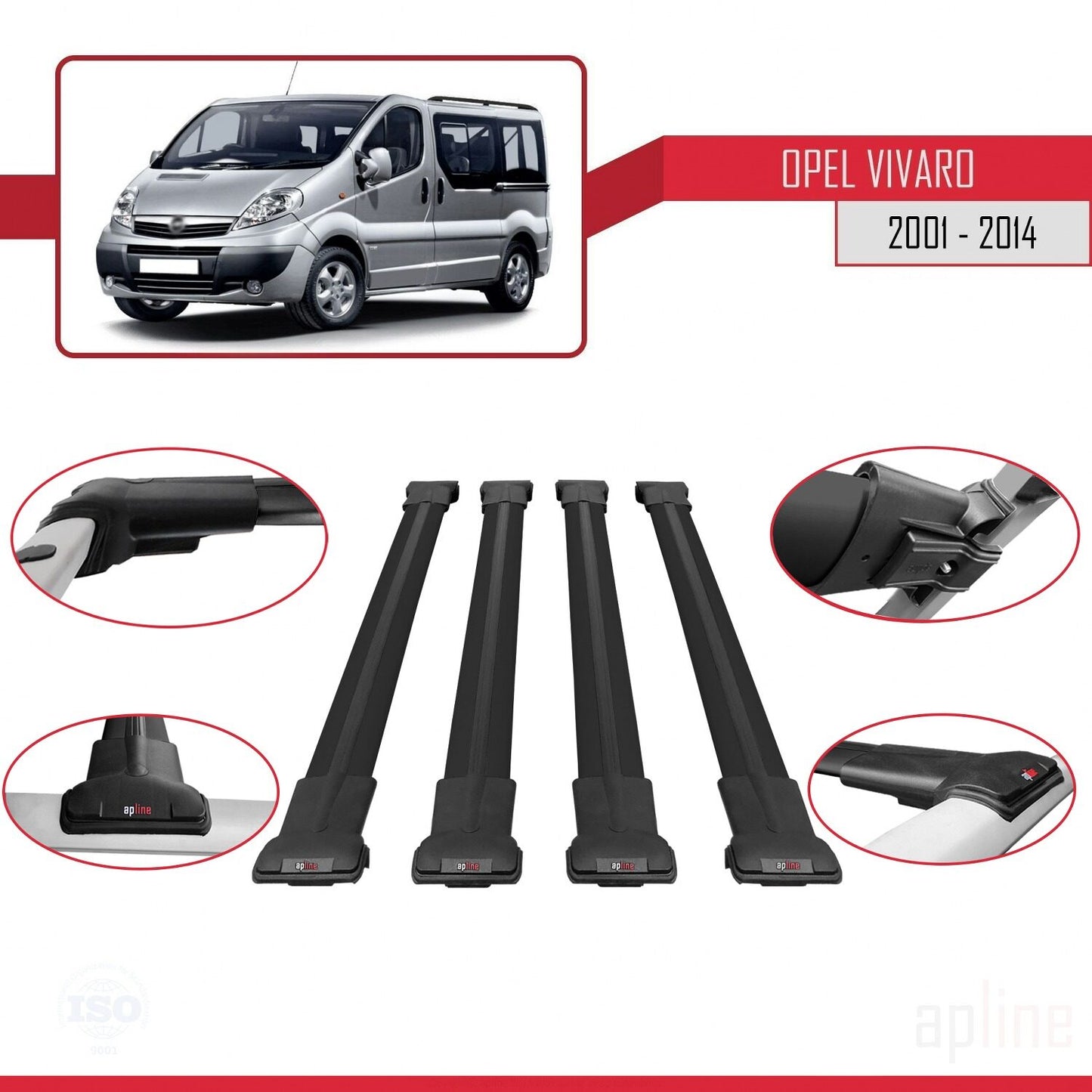 Compatible avec Opel Vivaro A 2001-2014 FLY Model Barres de Toit Railing Porte-Bagages de Voiture Noir Aluminium 4 Barres