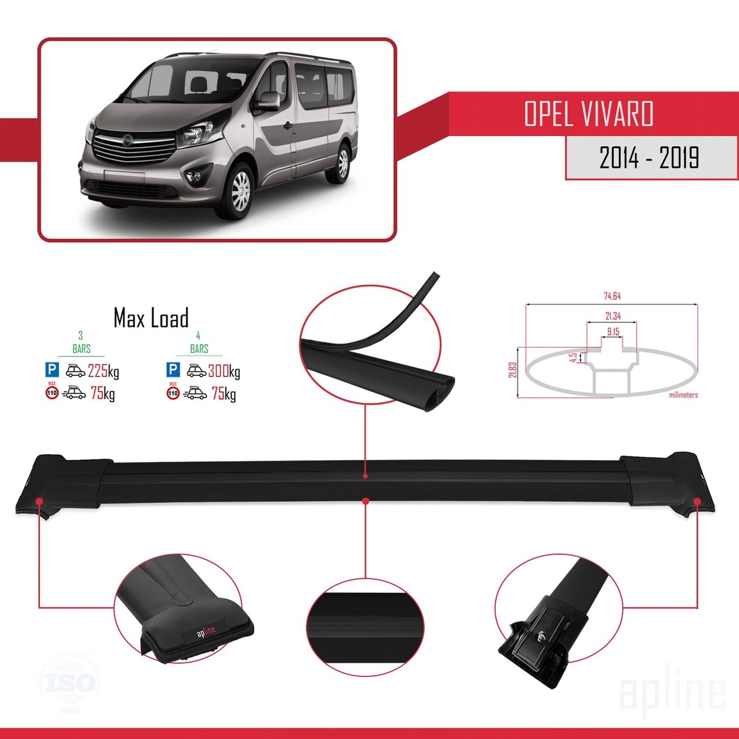 Compatible avec Opel Vivaro B 2014-2019 FLY Model Barres de Toit Railing Porte-Bagages de Voiture Noir Aluminium 3 Barres