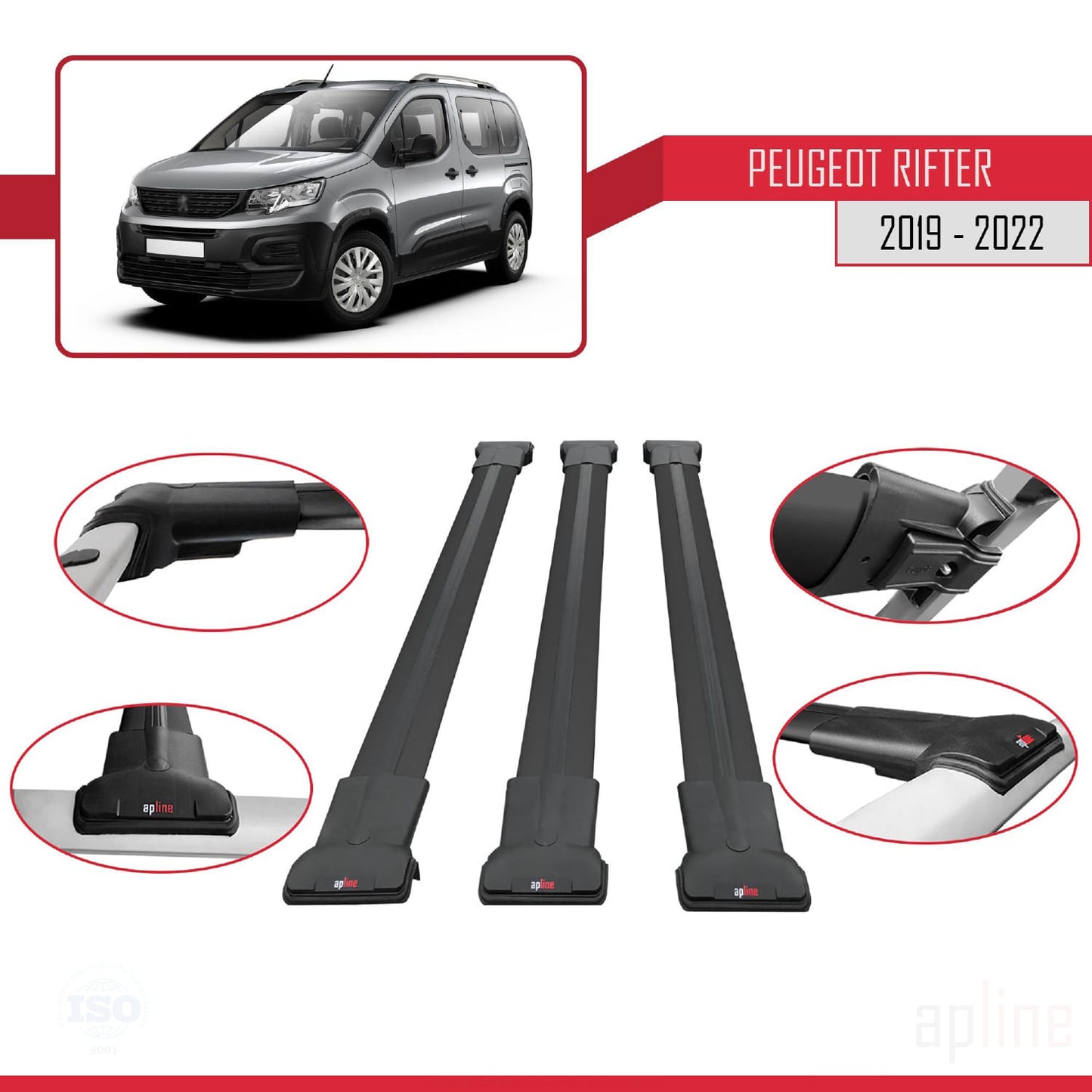 Compatible avec Peugeot Rifter 2019-2022 FLY Model Barres de Toit Railing Porte-Bagages de Voiture Noir Aluminium 3 Barres