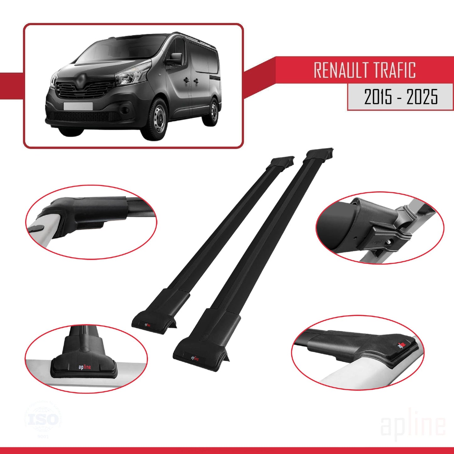 Compatible avec Renault Trafic 3 (X82) 2015-2025 FLY Model Barres de Toit Railing Porte-Bagages de Voiture Noir Aluminium 2 Barres