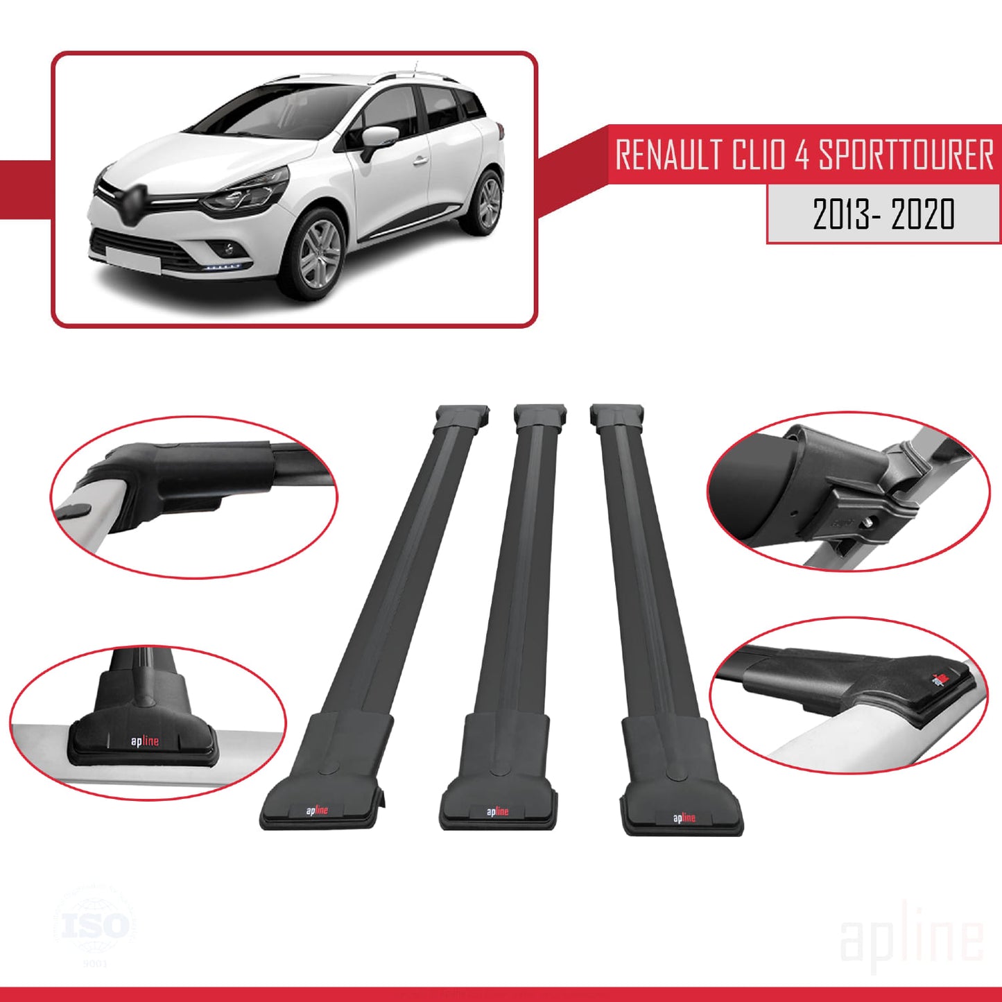 Compatible with Renault Clio 4 ST 2013-2020 FLY Model Car Roof Rack Cross Bar Black Aluminium 3 Bars