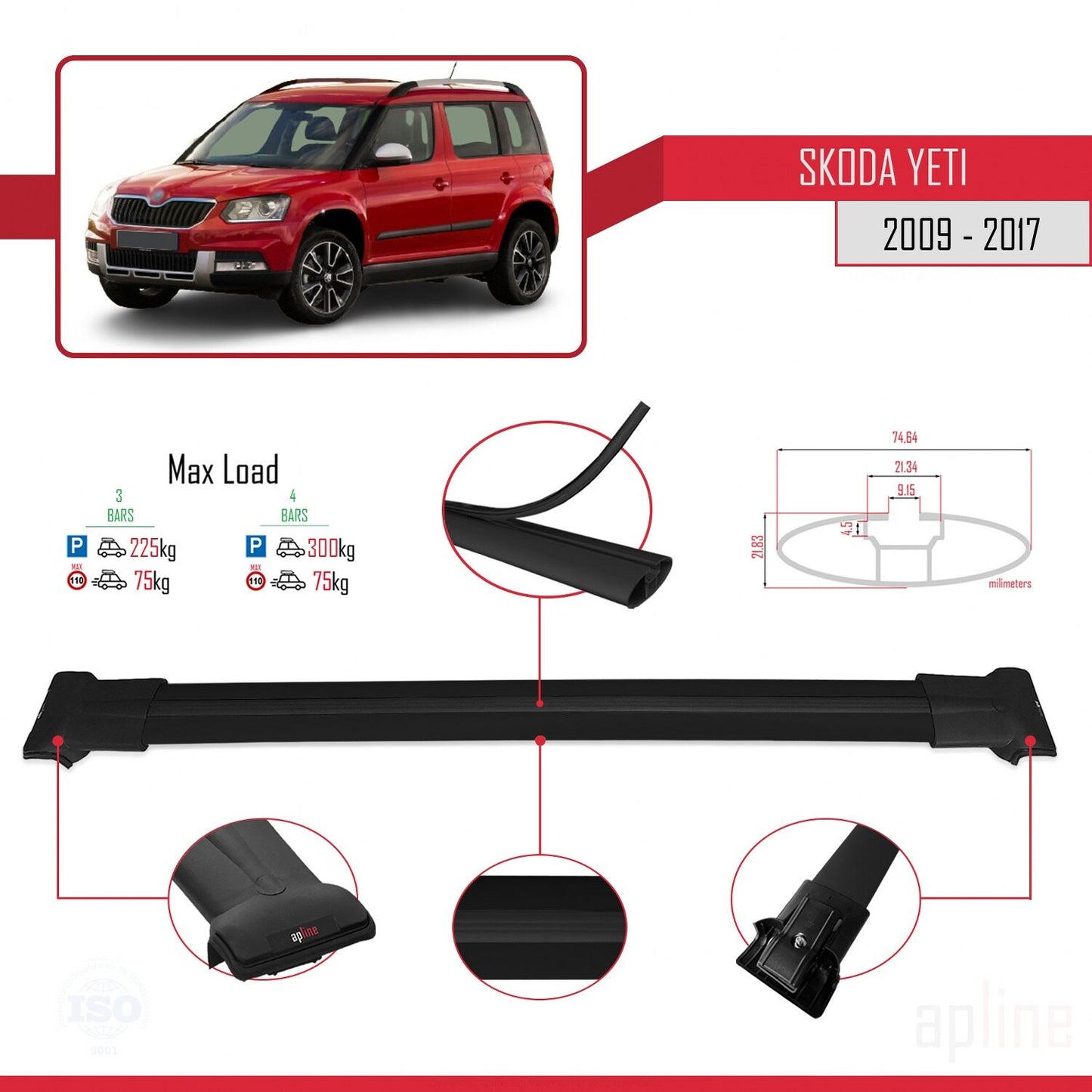 Compatible avec Skoda Yeti 2009-2017 FLY Model Barres de Toit Railing Porte-Bagages de Voiture Noir Aluminium 3 Barres