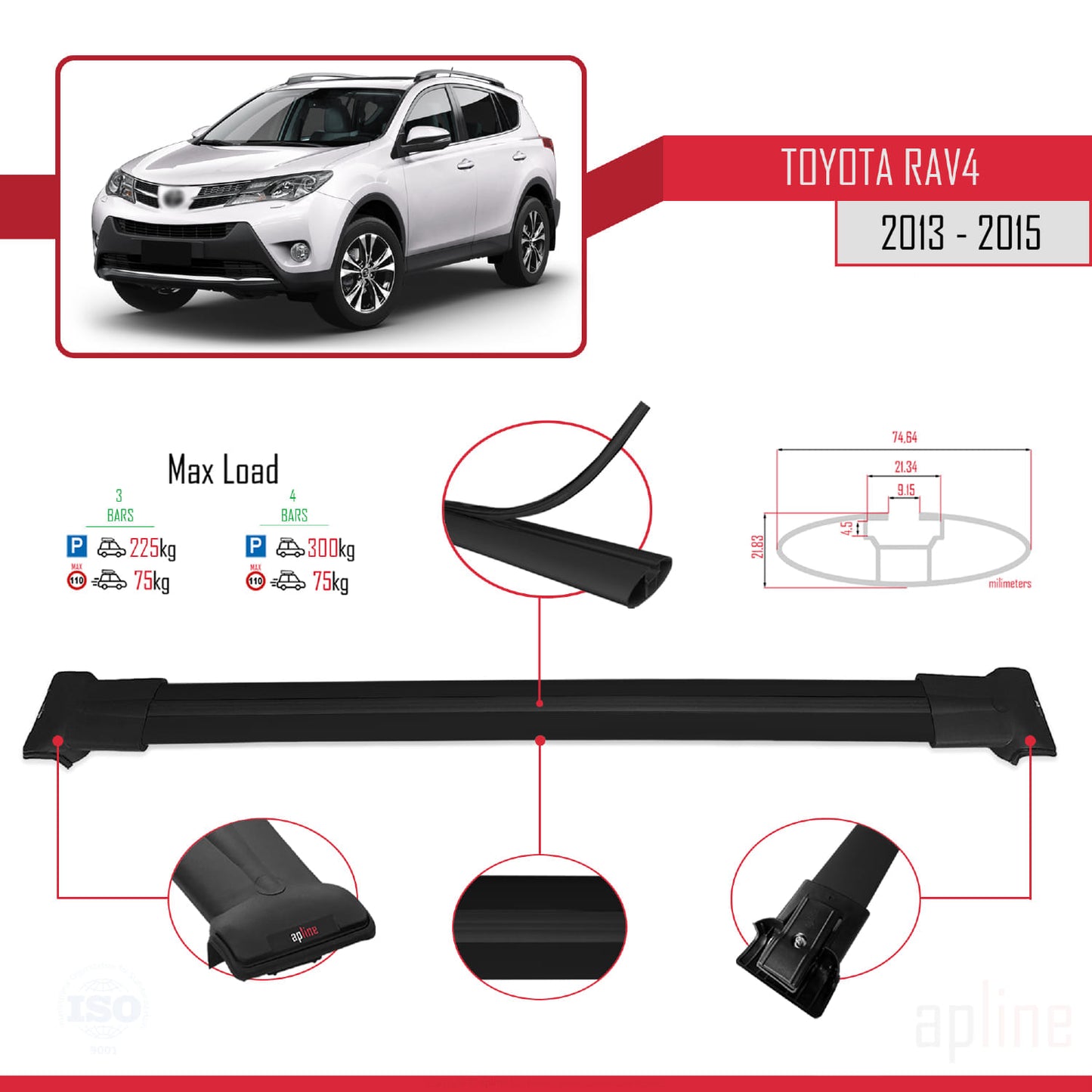 Compatible avec Toyota RAV4 IV (XA40) Pre-Facelift 2013-2015 FLY Model Barres de Toit Railing Porte-Bagages de Voiture Noir Aluminium 3 Barres