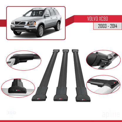 Compatible avec Volvo XC90 2003-2014 FLY Model Barres de Toit Railing Porte-Bagages de Voiture Noir Aluminium 3 Barres