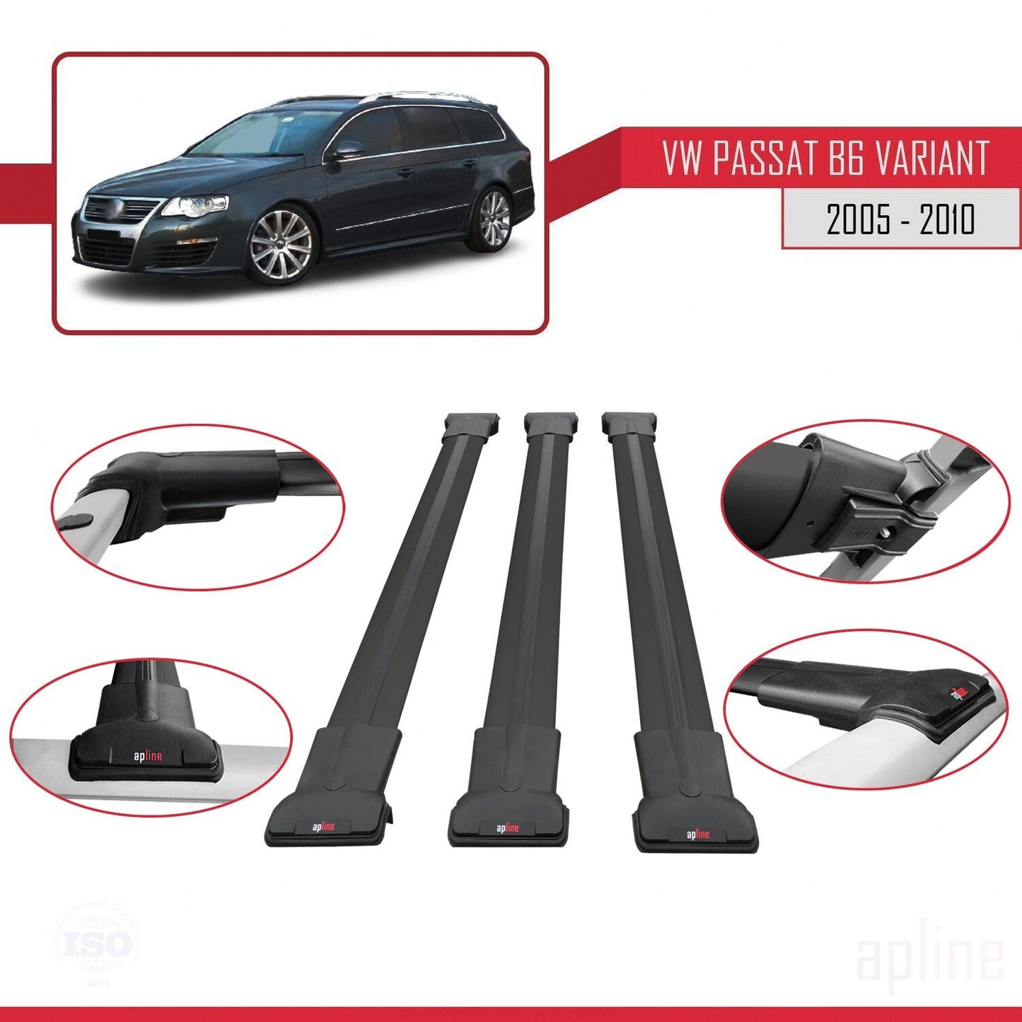 Compatible avec Volkswagen Passat B6 (3C) Variant 2005-2010 FLY Model Barres de Toit Railing Porte-Bagages de Voiture Noir Aluminium 3 Barres