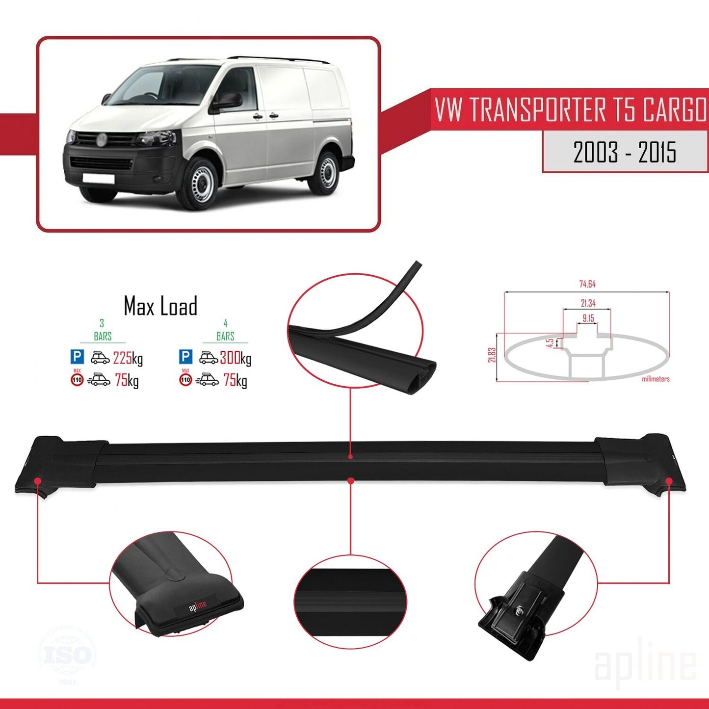 Compatible avec Volkswagen T5 Transporter 2003-2015 FLY Model Barres de Toit Railing Porte-Bagages de Voiture Noir Aluminium 4 Barres