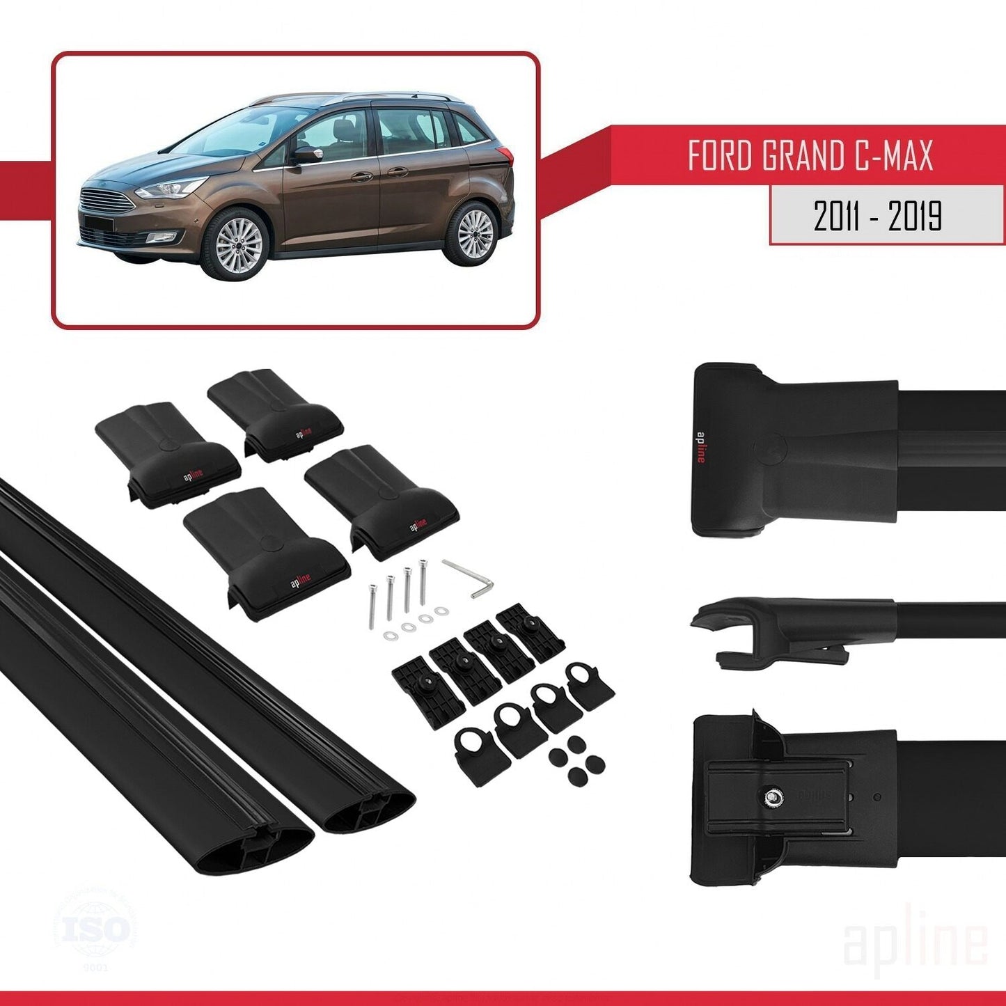 Compatible avec Ford Grand C-Max (C344) 2011-2019 FLY Model Barres de Toit Railing Porte-Bagages de Voiture Noir Aluminium 2 Barres