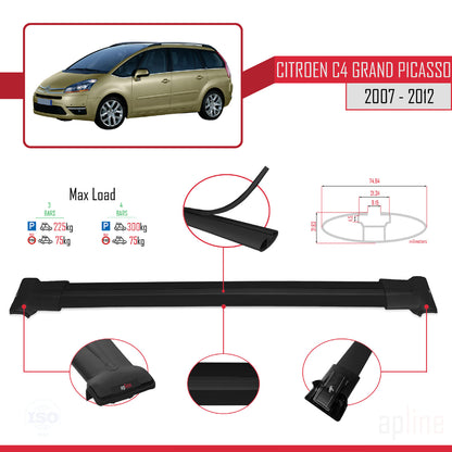Kompatibel mit Citroen Grand C4 Picasso 2007-2012 FLY Modell Dachgepäckträger, schwarzes Aluminium, 3 Stangen