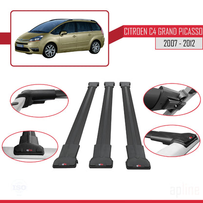 Kompatibel mit Citroen Grand C4 Picasso 2007-2012 FLY Modell Dachgepäckträger, schwarzes Aluminium, 3 Stangen
