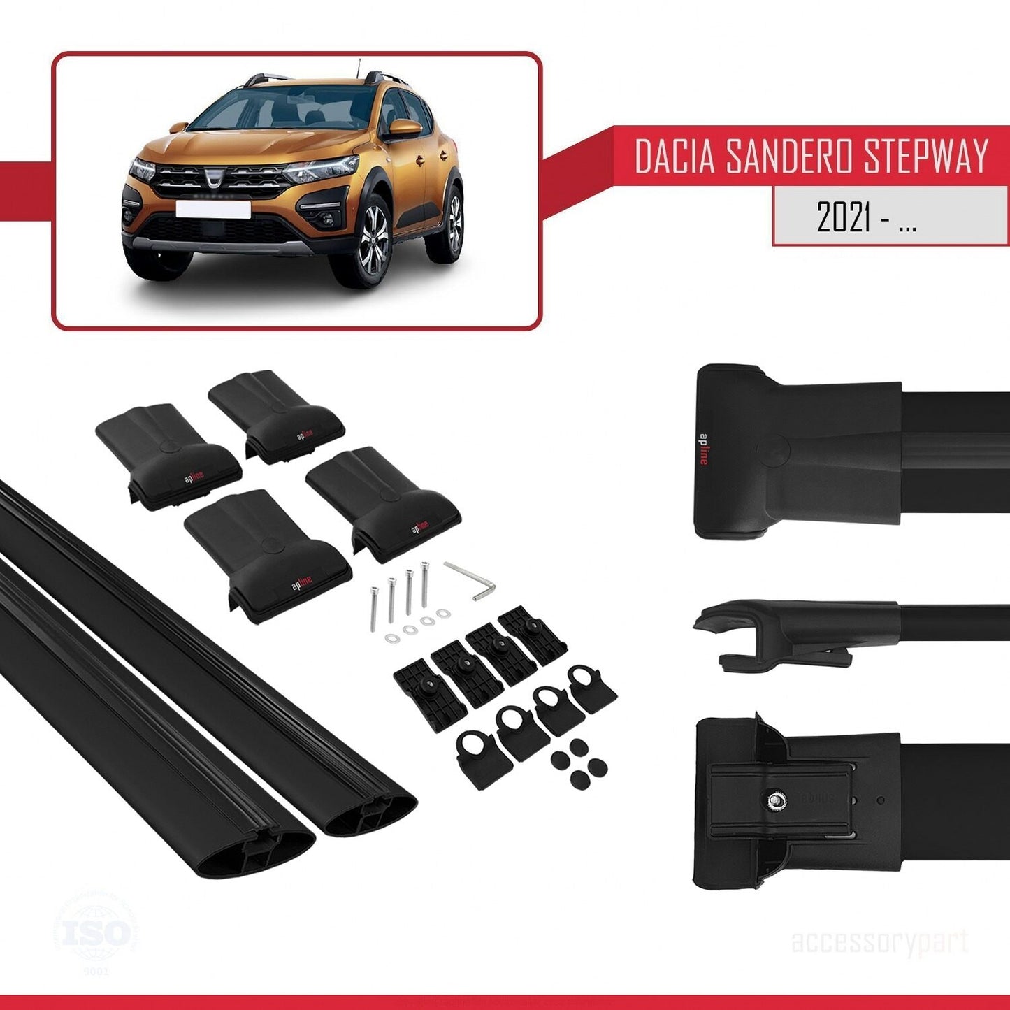Kompatibel mit Dacia Sandero Stepway 3 2021-2025 FLY Modell Dachgepäckträger, Reling, Gepäckträger, schwarzes Aluminium, 2 Stangen