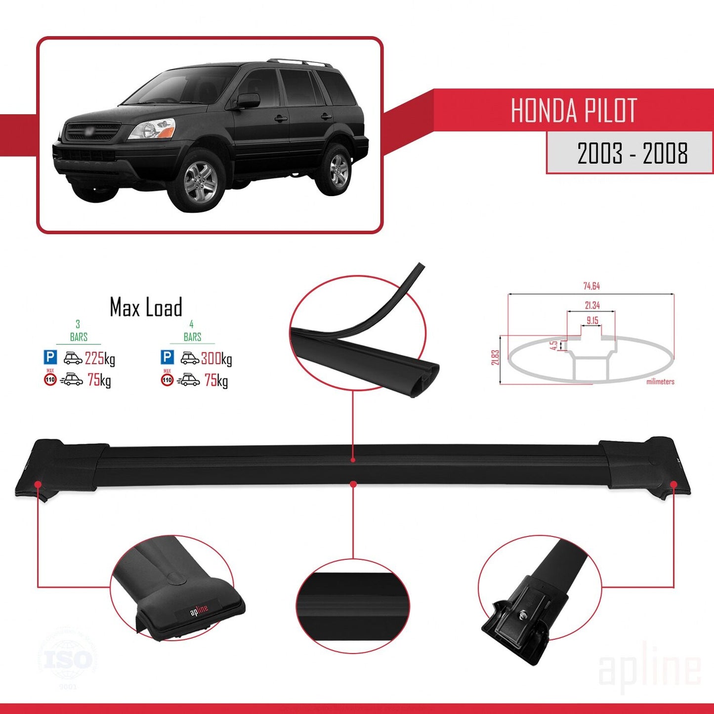 Compatible with Honda Pilot 2003-2008 FLY Model Car Roof Rack Cross Bar Black Aluminium 3 Bars