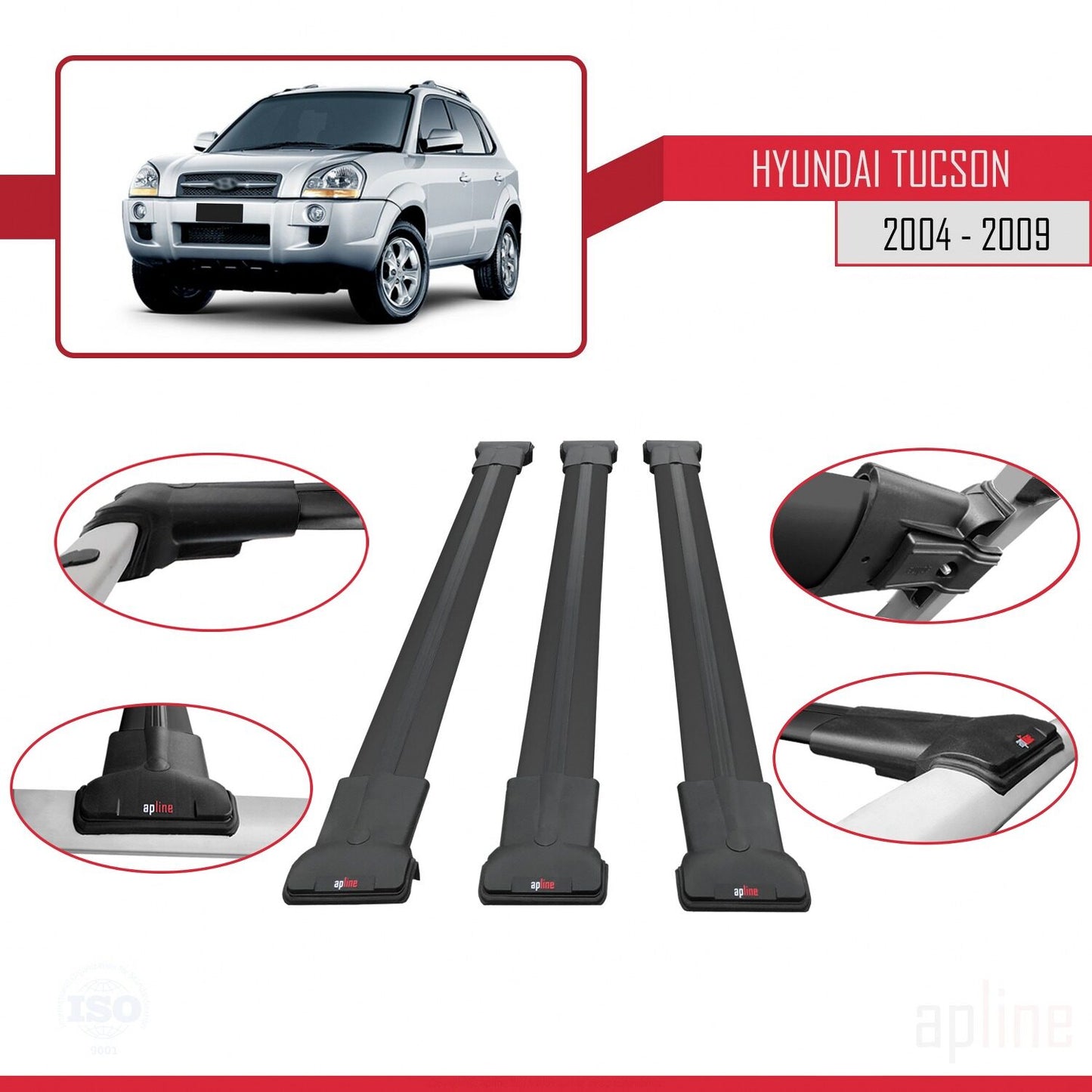 Compatible with Hyundai Tucson (JM) 2004-2009 FLY Model Car Roof Rack Cross Bar Black Aluminium 3 Bars