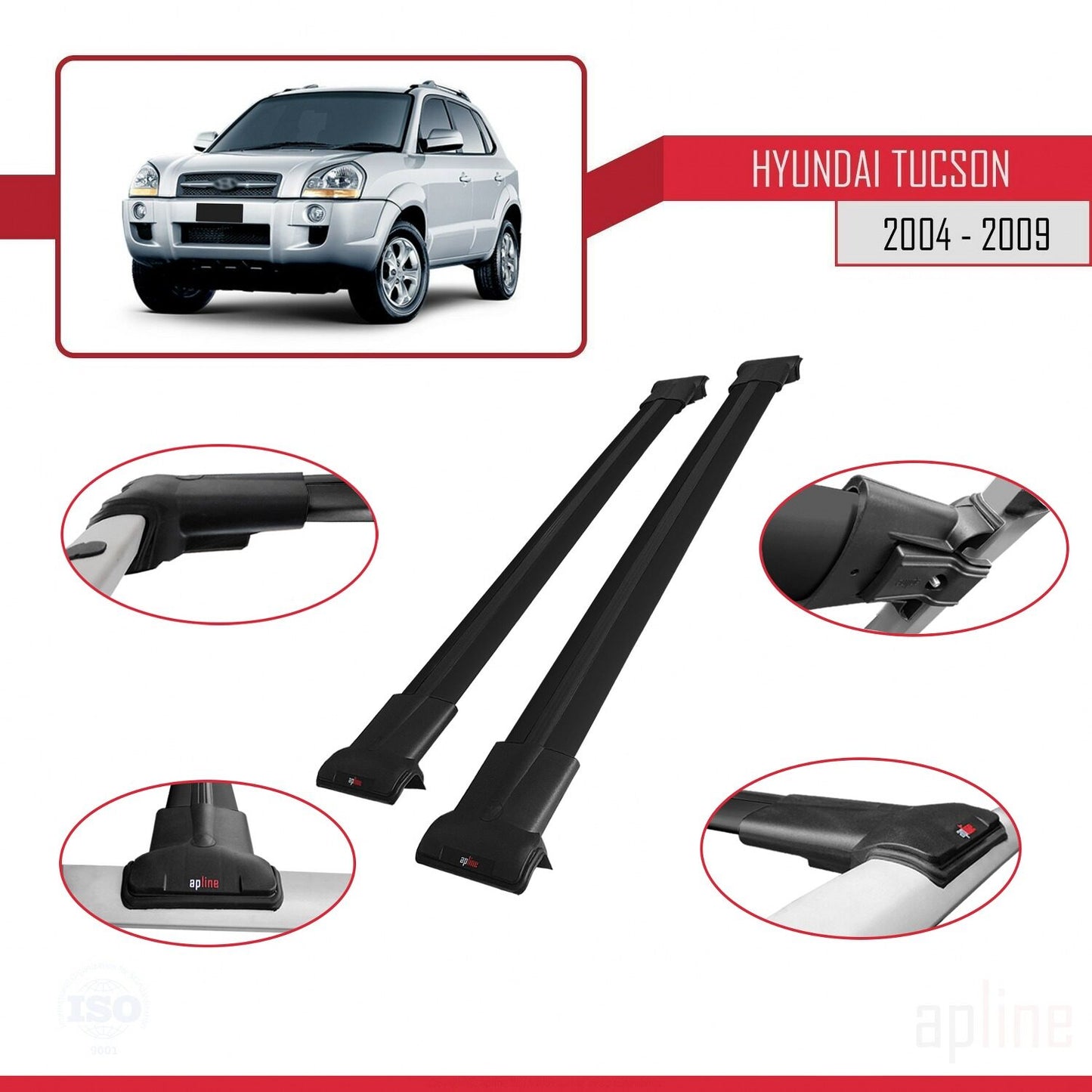Compatible with Hyundai Tucson (JM) 2004-2009 FLY Model Car Roof Rack Cross Bar Black Aluminium 2 Bars