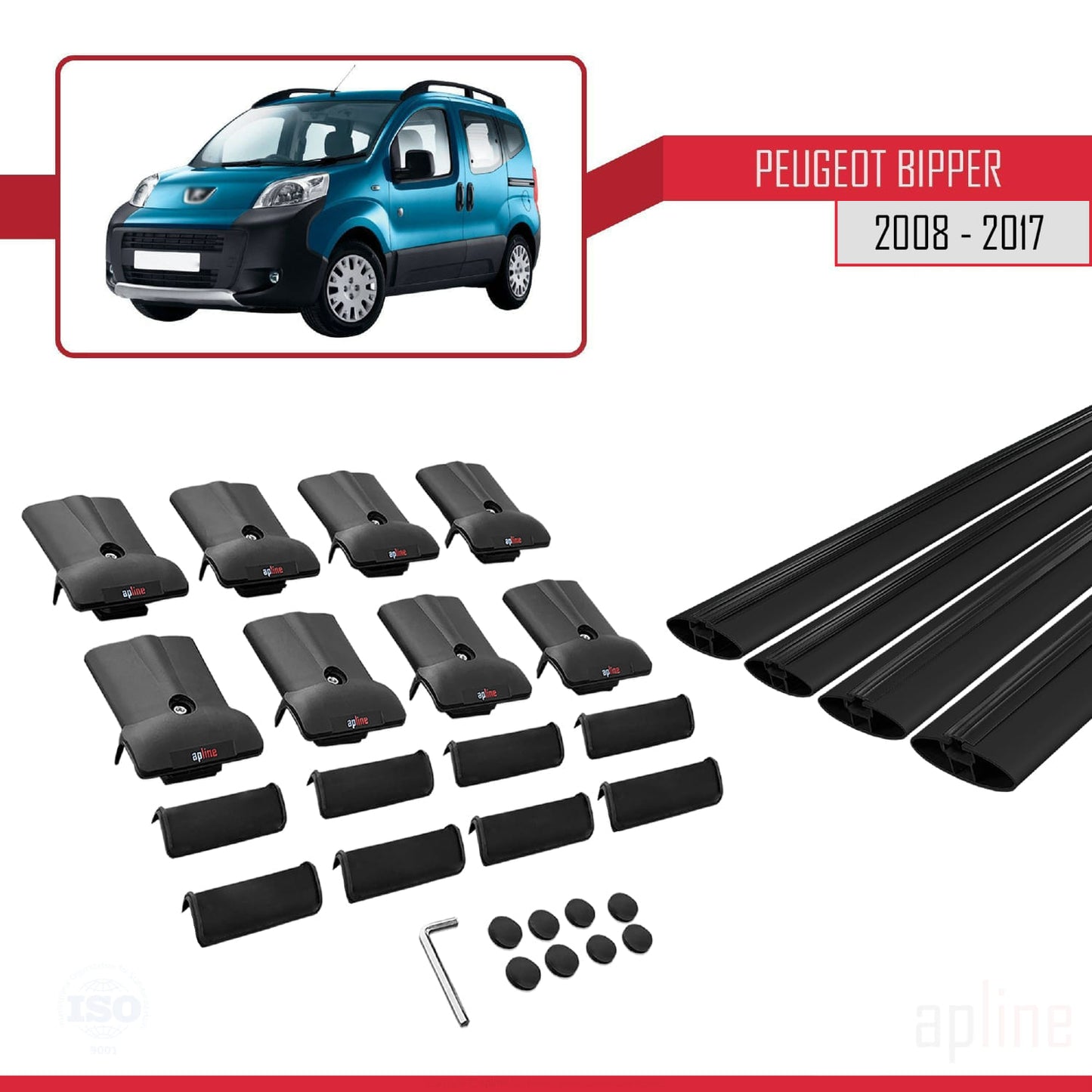 Compatible with Peugeot Bipper 2008-2017 FLY Model Car Roof Rack Cross Bar Black Aluminium 4 Bars
