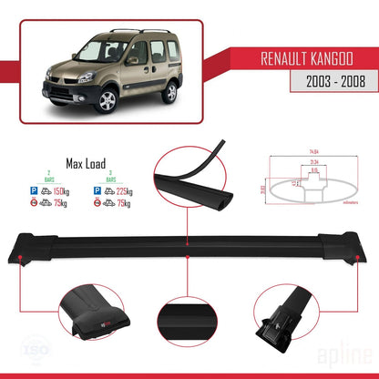 Compatible avec Renault Kangoo (X76) Post-Facelift 2003-2008 FLY Model Barres de Toit Railing Porte-Bagages de Voiture Noir Aluminium 2 Barres