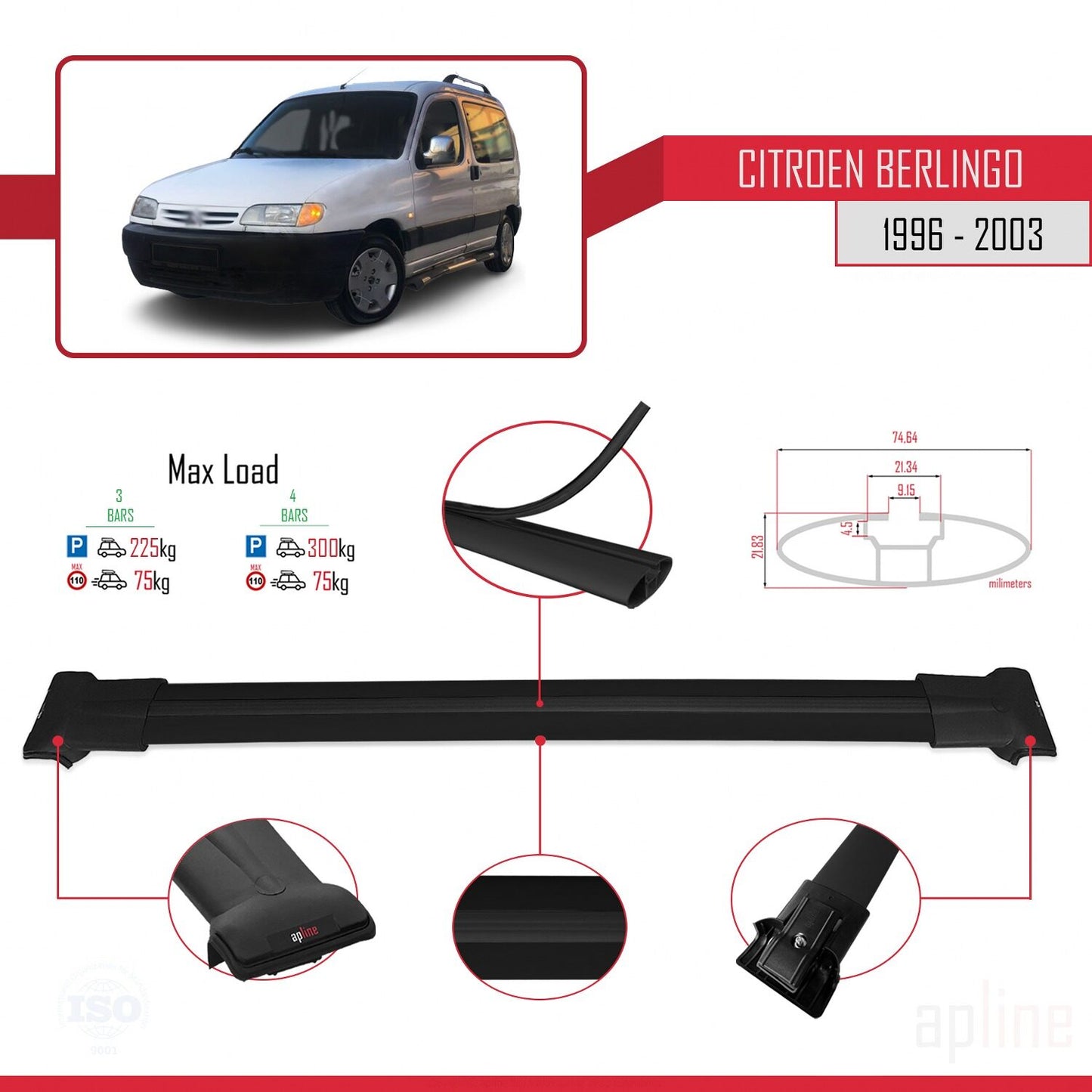 Compatible avec Citroen Berlingo (M49) 1996-2003 FLY Model Barres de Toit Railing Porte-Bagages de Voiture Noir Aluminium 3 Barres