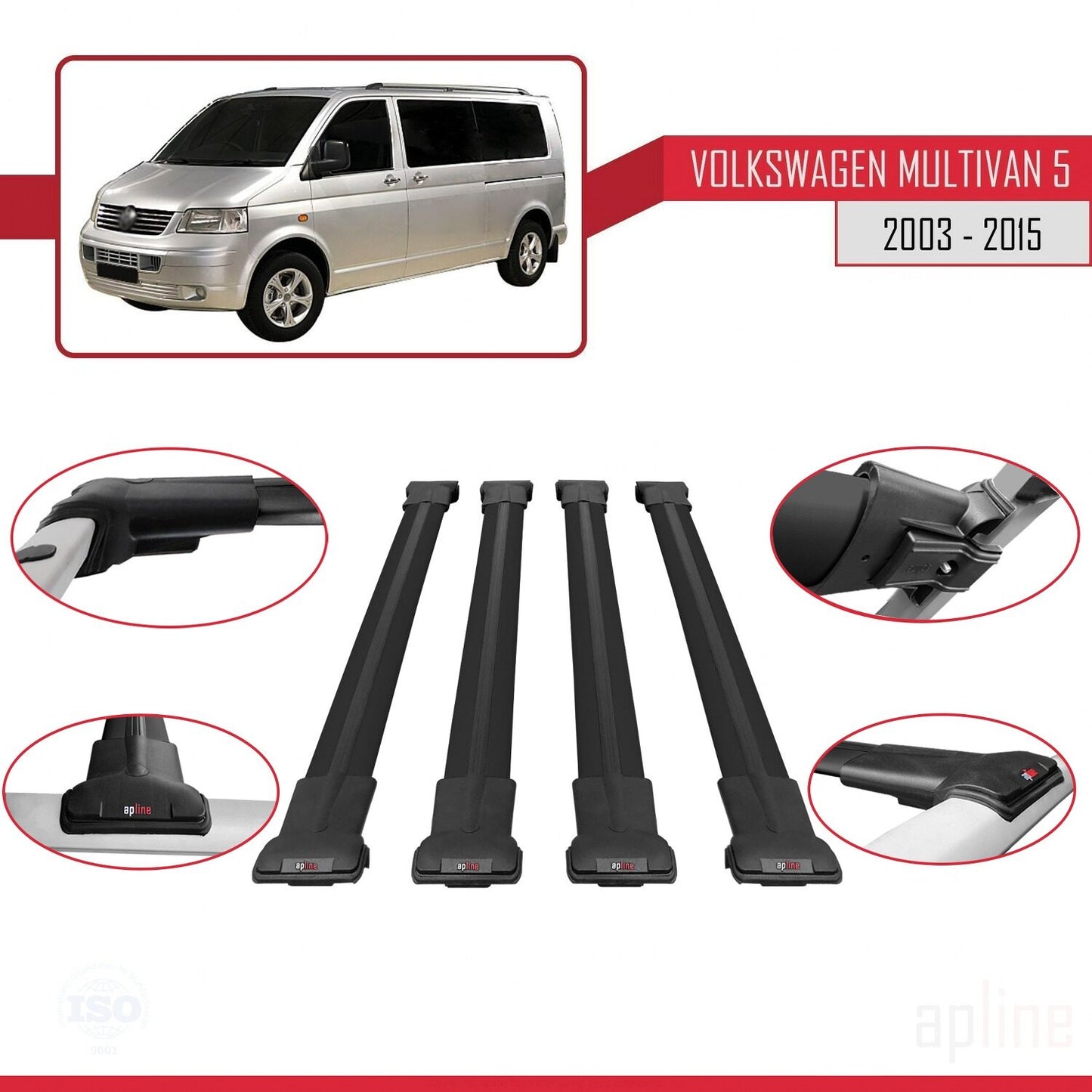 Compatible avec Volkswagen T5 Multivan 2003-2015 FLY Model Barres de Toit Railing Porte-Bagages de Voiture Noir Aluminium 4 Barres